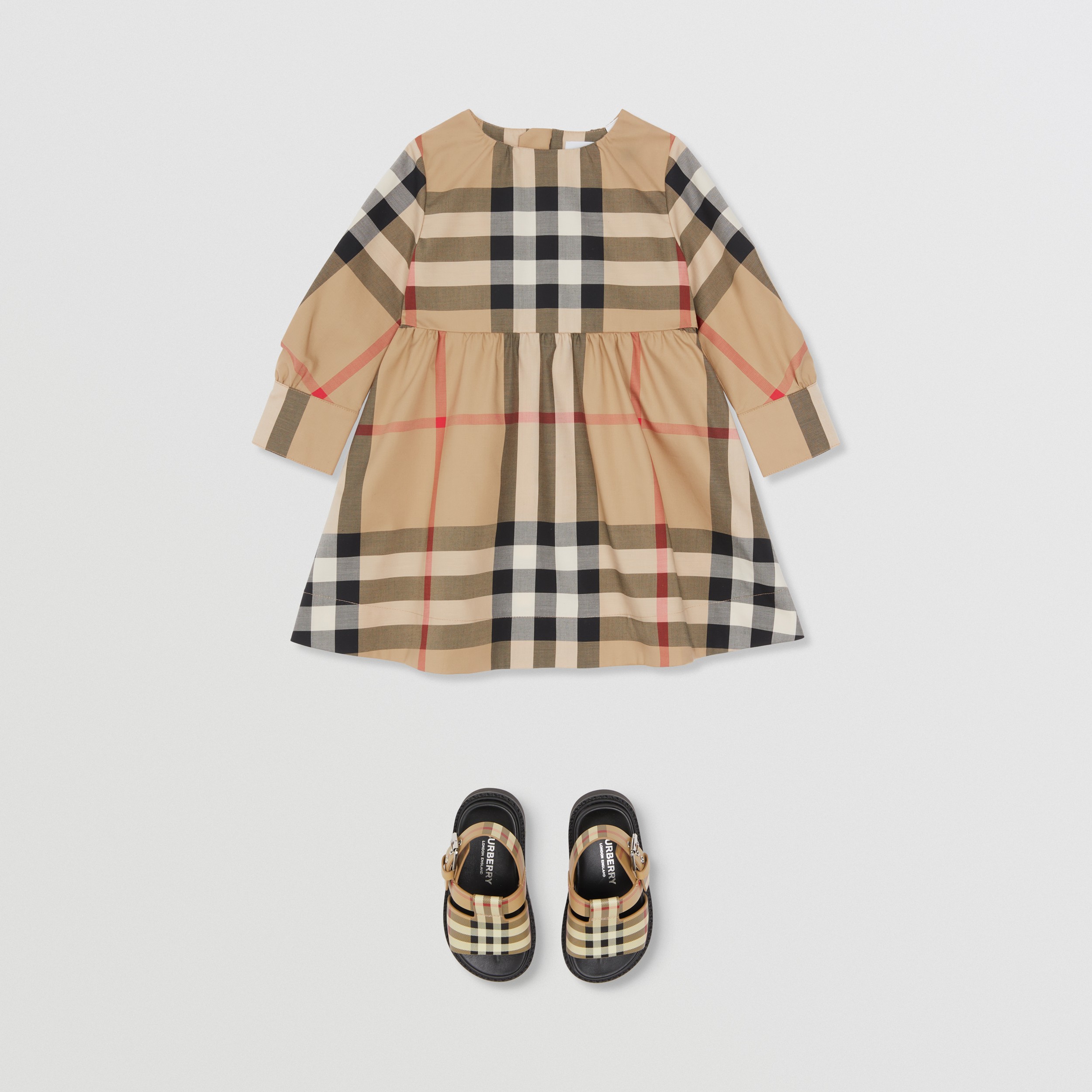 Long-sleeve Check Stretch Cotton Dress in Archive Beige - Children | Burberry® Official - 3