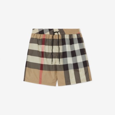 Exaggerated Check Drawcord Swim Shorts in Archive Beige - Men