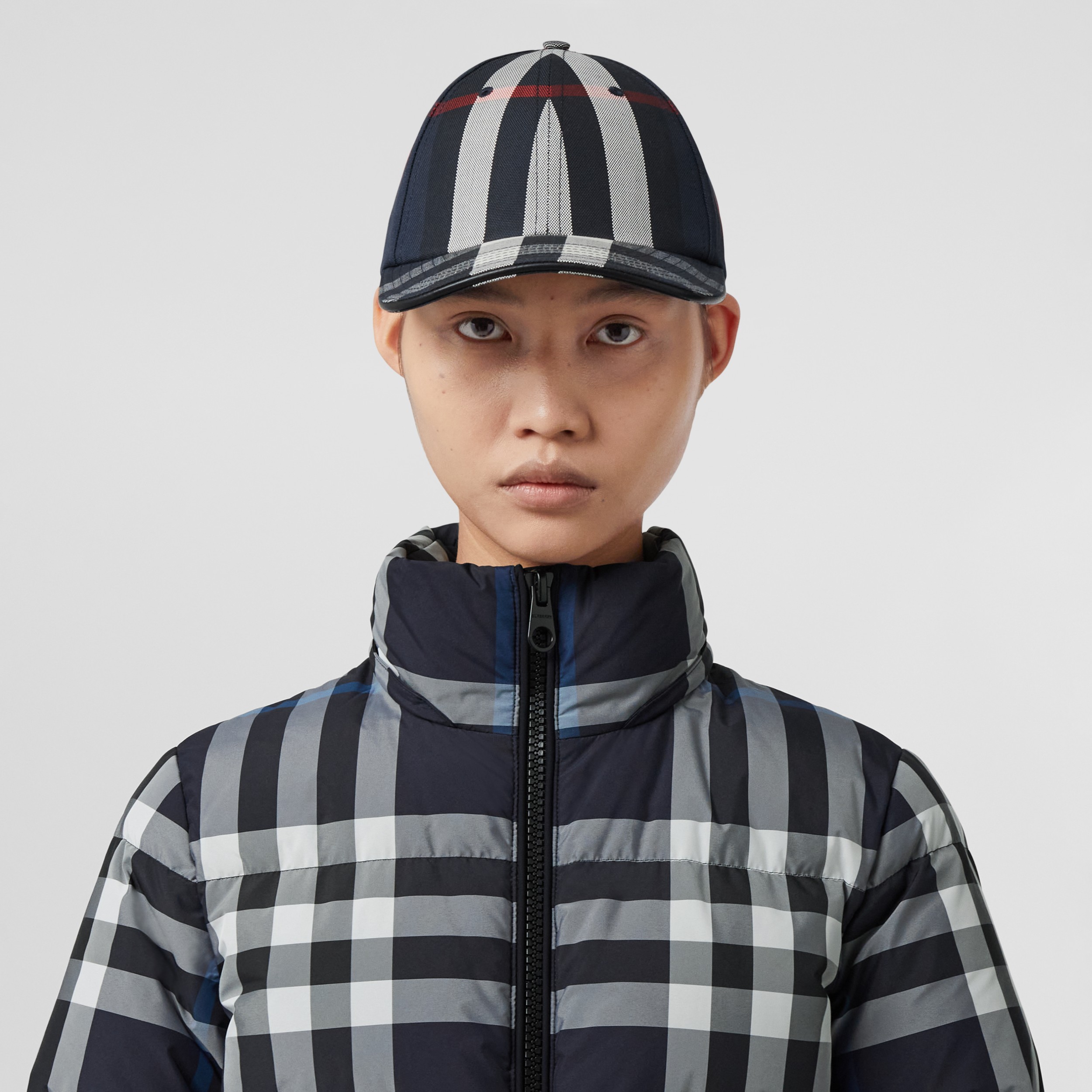 Detachable Hood Check Puffer Jacket in White/dark Blue Women
