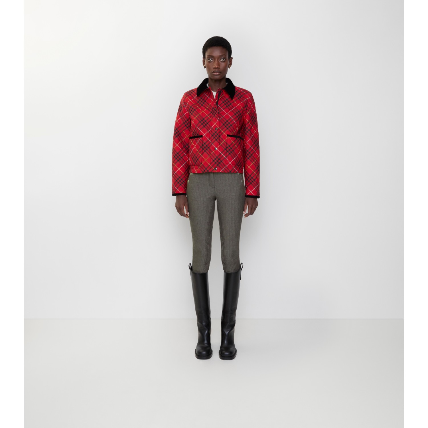 Cropped Check Cotton Quilted Jacket in Poppy red - Women