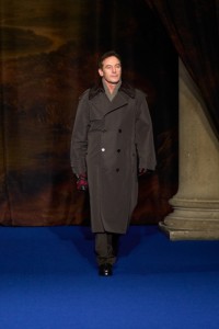 Jason Isaacs wearing a Burberry Check collar trench coat