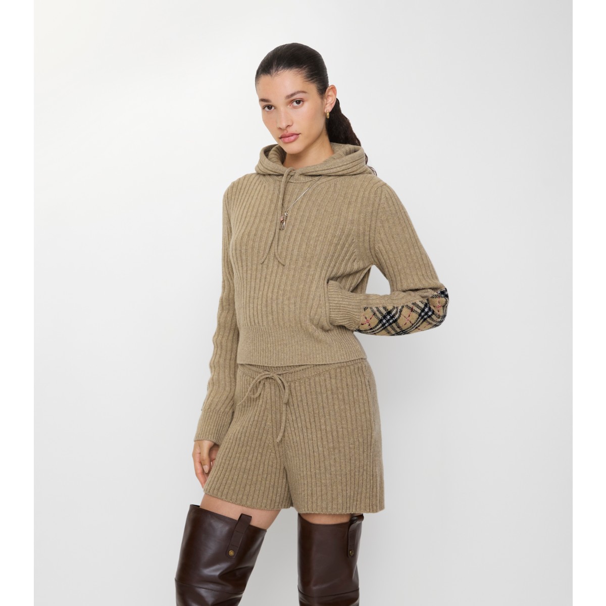  Check Patch Wool Cashmere Hoodie