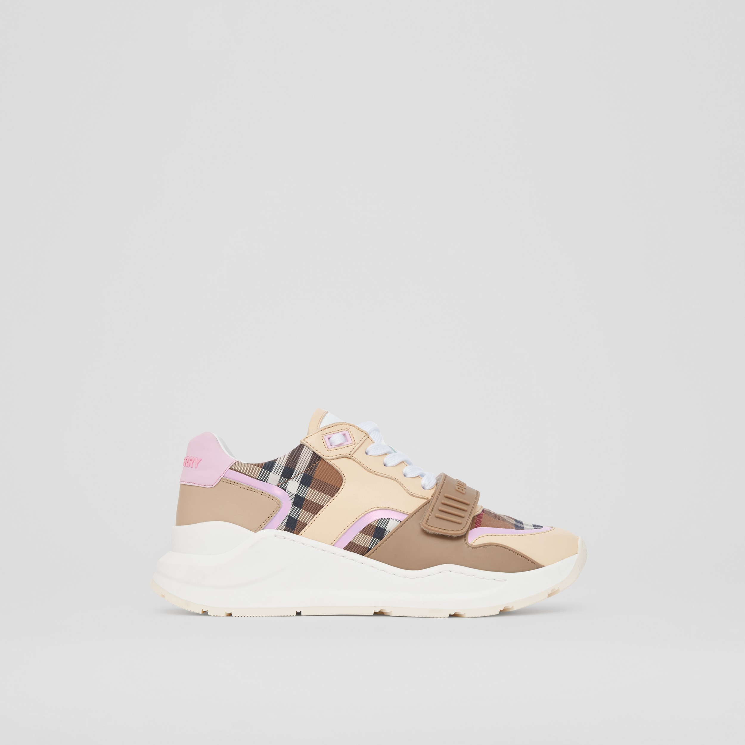 Check Cotton and Leather Sneakers in Birch Brown/pink - Women | Burberry® Official - 1