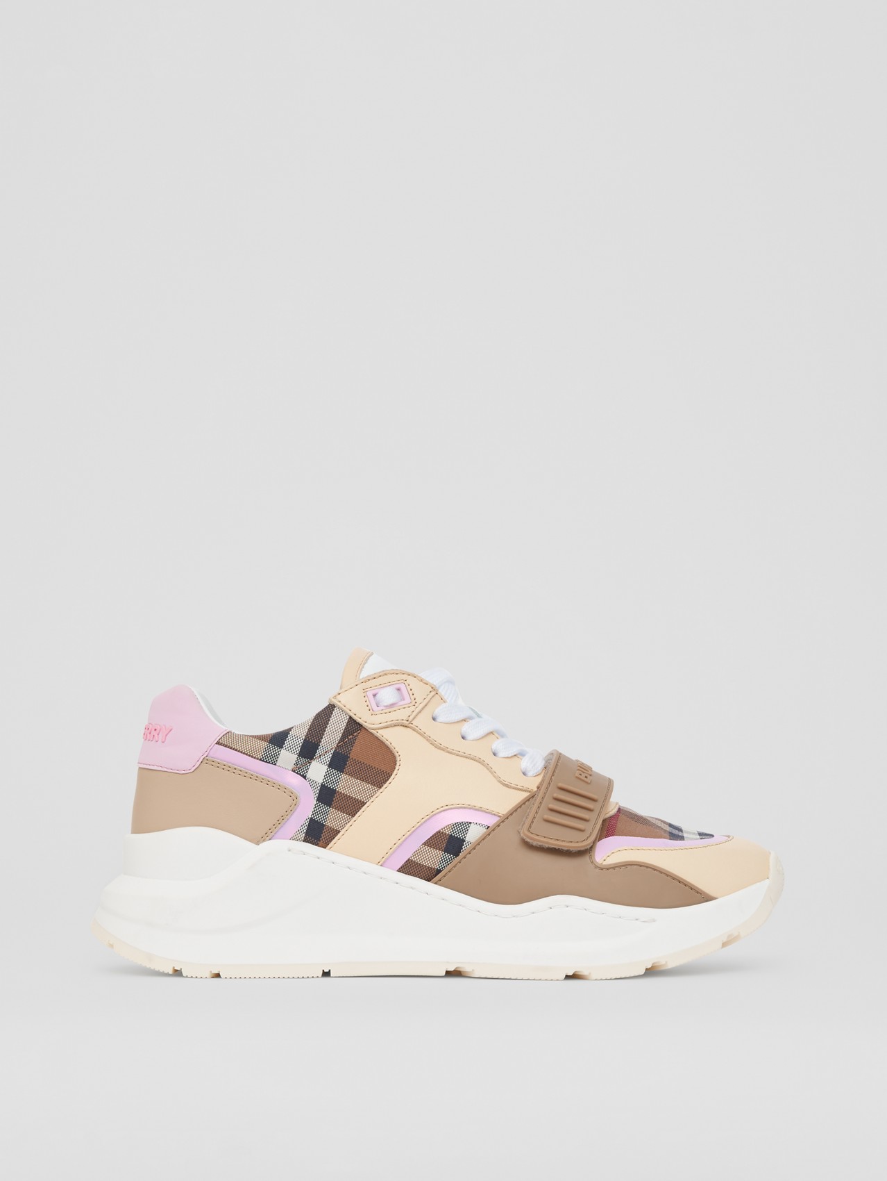 Check Cotton and Leather Sneakers in Birch Brown/pink