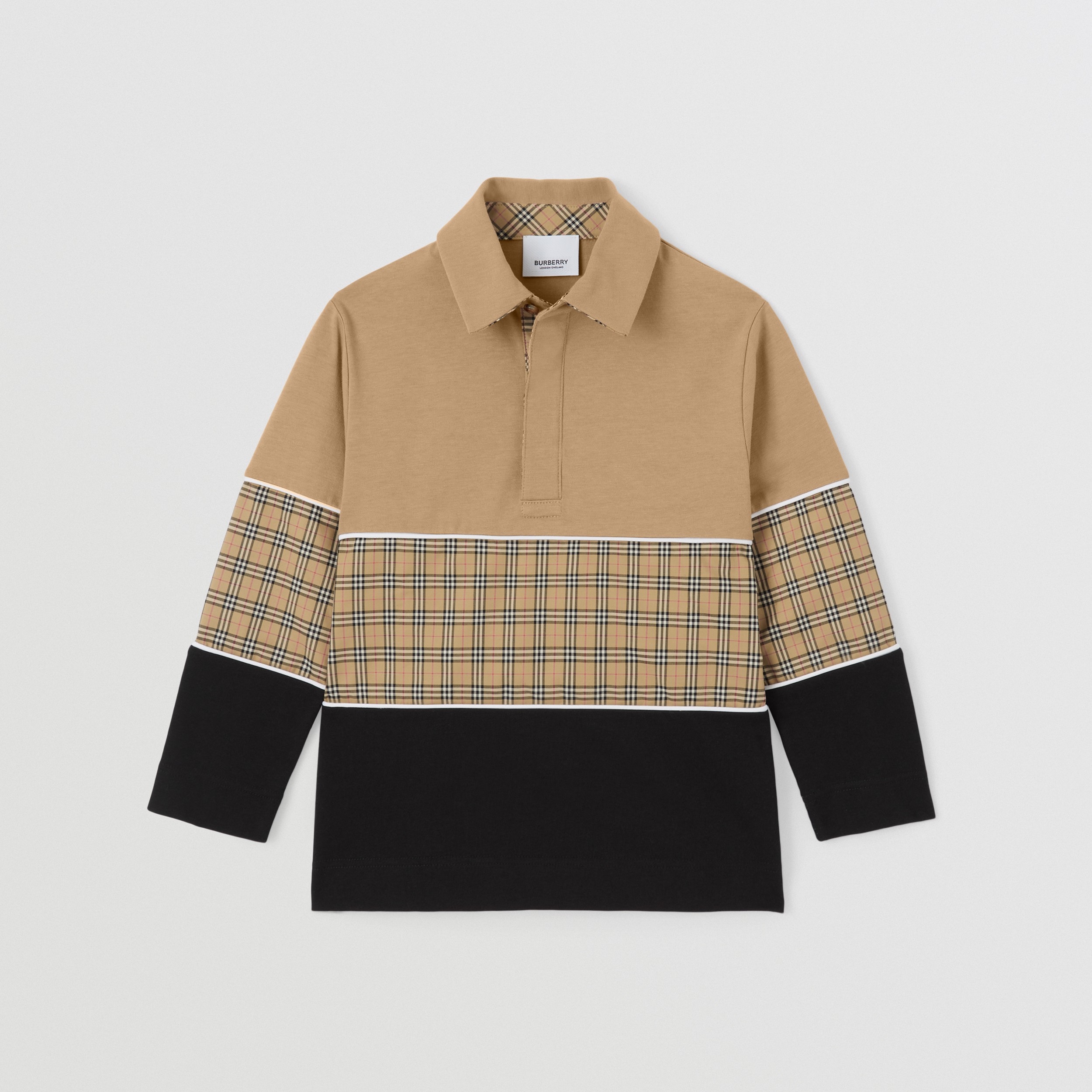 Long-sleeve Check Panel Cotton Polo Shirt in Archive Beige | Burberry® Official - 1