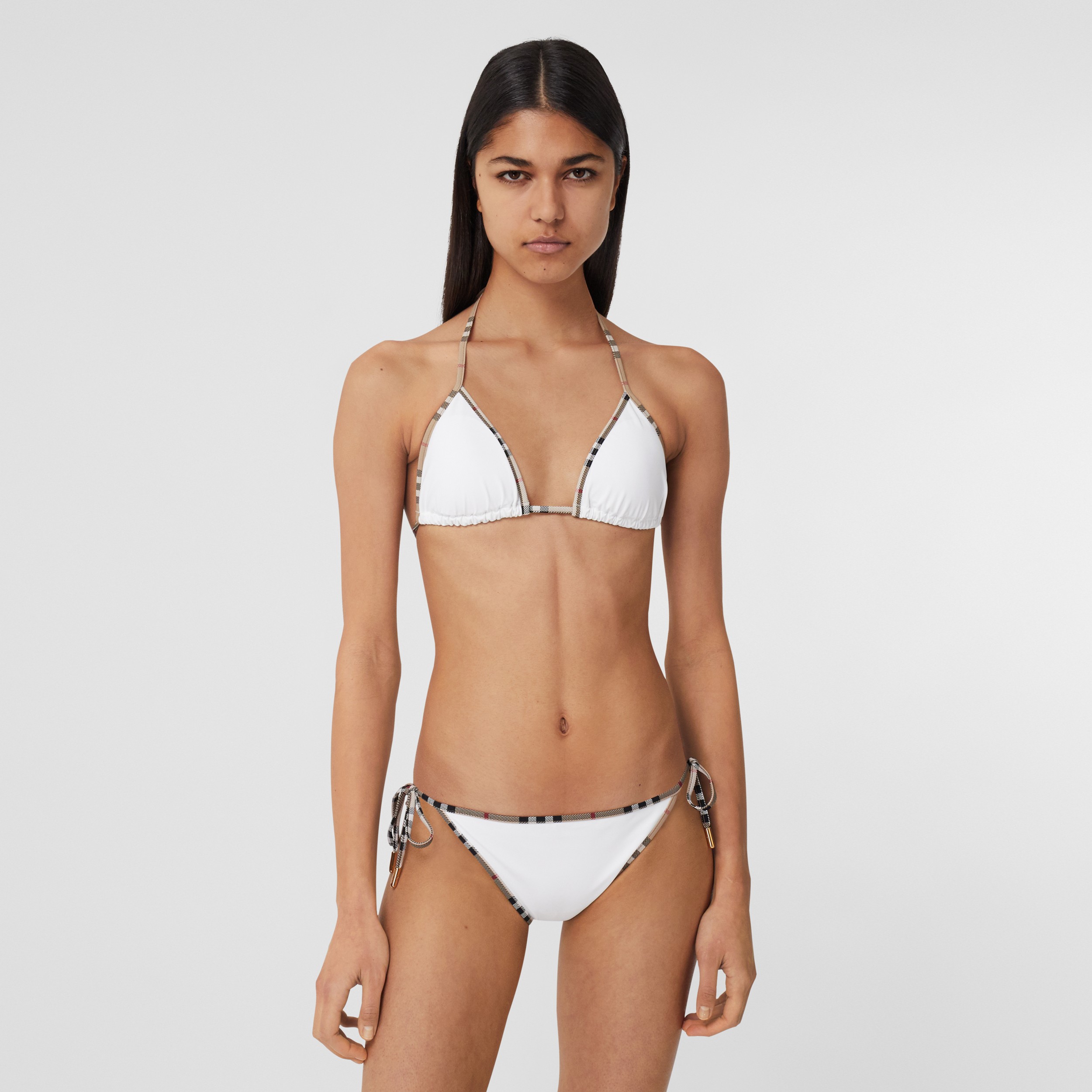 Check Detail Stretch Nylon Triangle Bikini in White - Women | Burberry® Official - 1