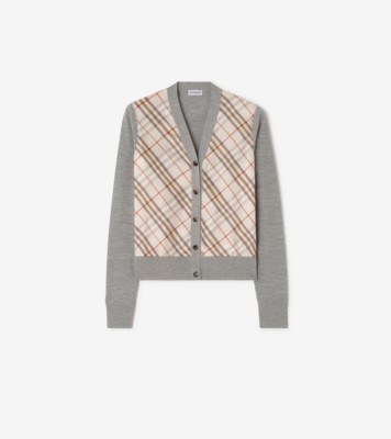 Check Panel Wool Silk Cardigan in Pebble beige - Women | Burberry