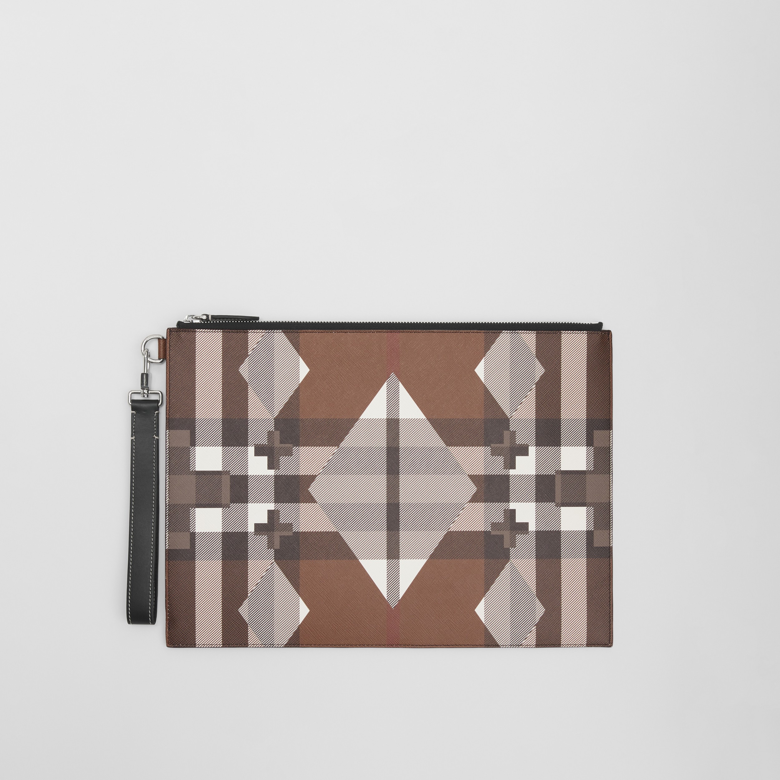 Geometric Check and Leather Large Zip Pouch in Dark Birch Brown | Burberry® Official - 1