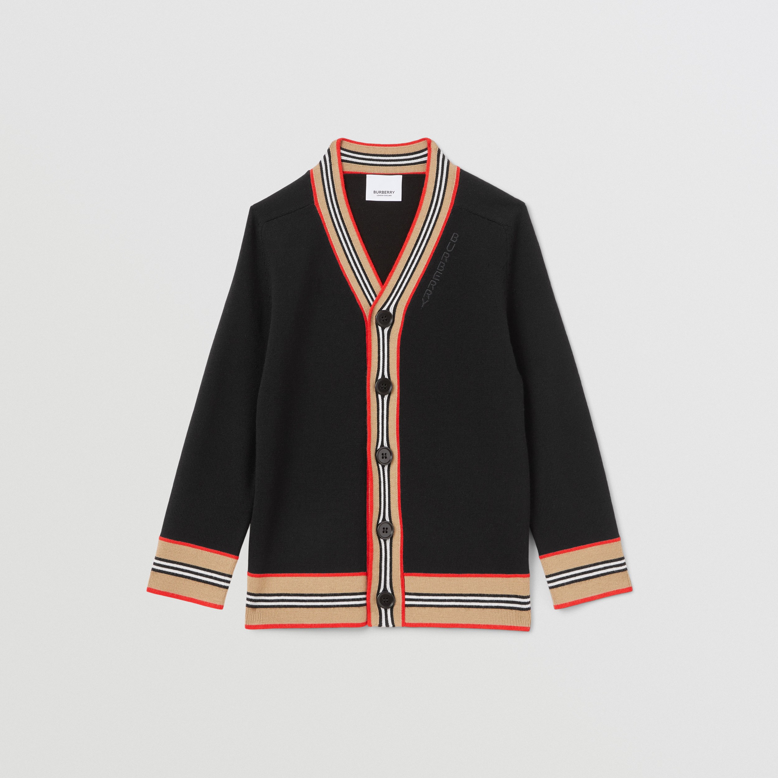 Icon Stripe Trim Wool Cardigan in Black | Burberry® Official - 1
