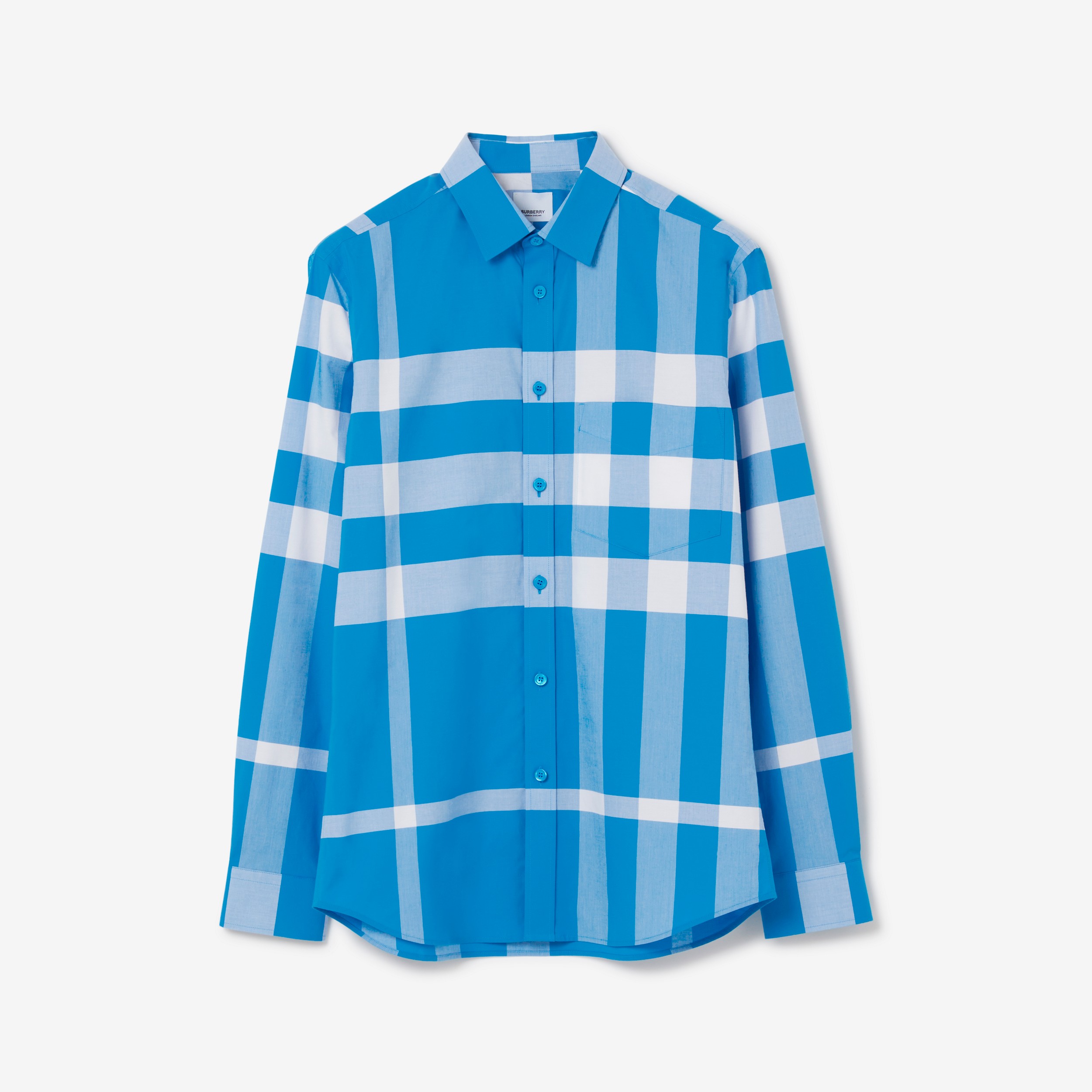 체크 스트레치 코튼 포플린 셔츠 (비비드 블루) - 남성 | Burberry® - 1