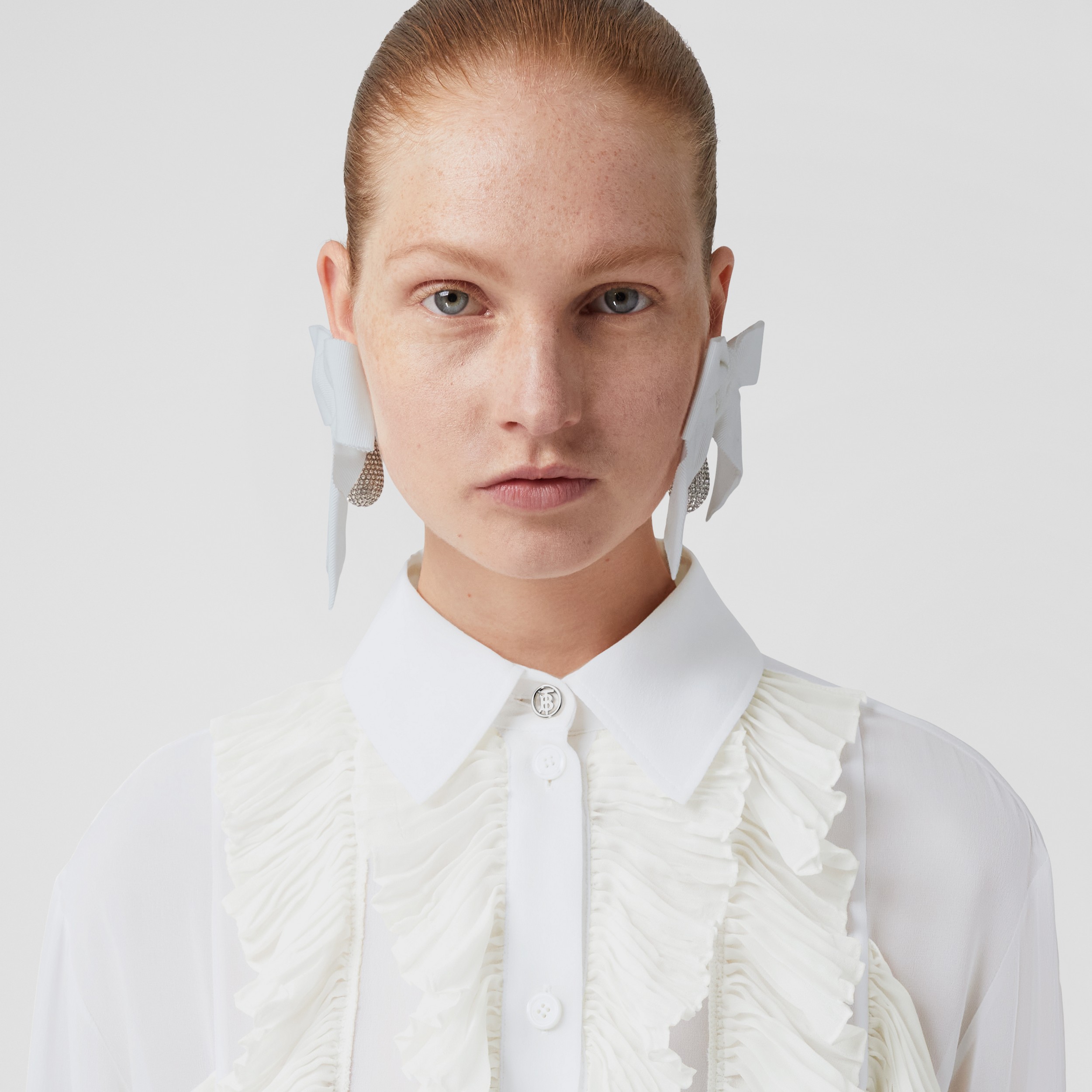 Pleated Ruffle Detail Silk Georgette Shirt in Natural White - Women | Burberry® Official - 2