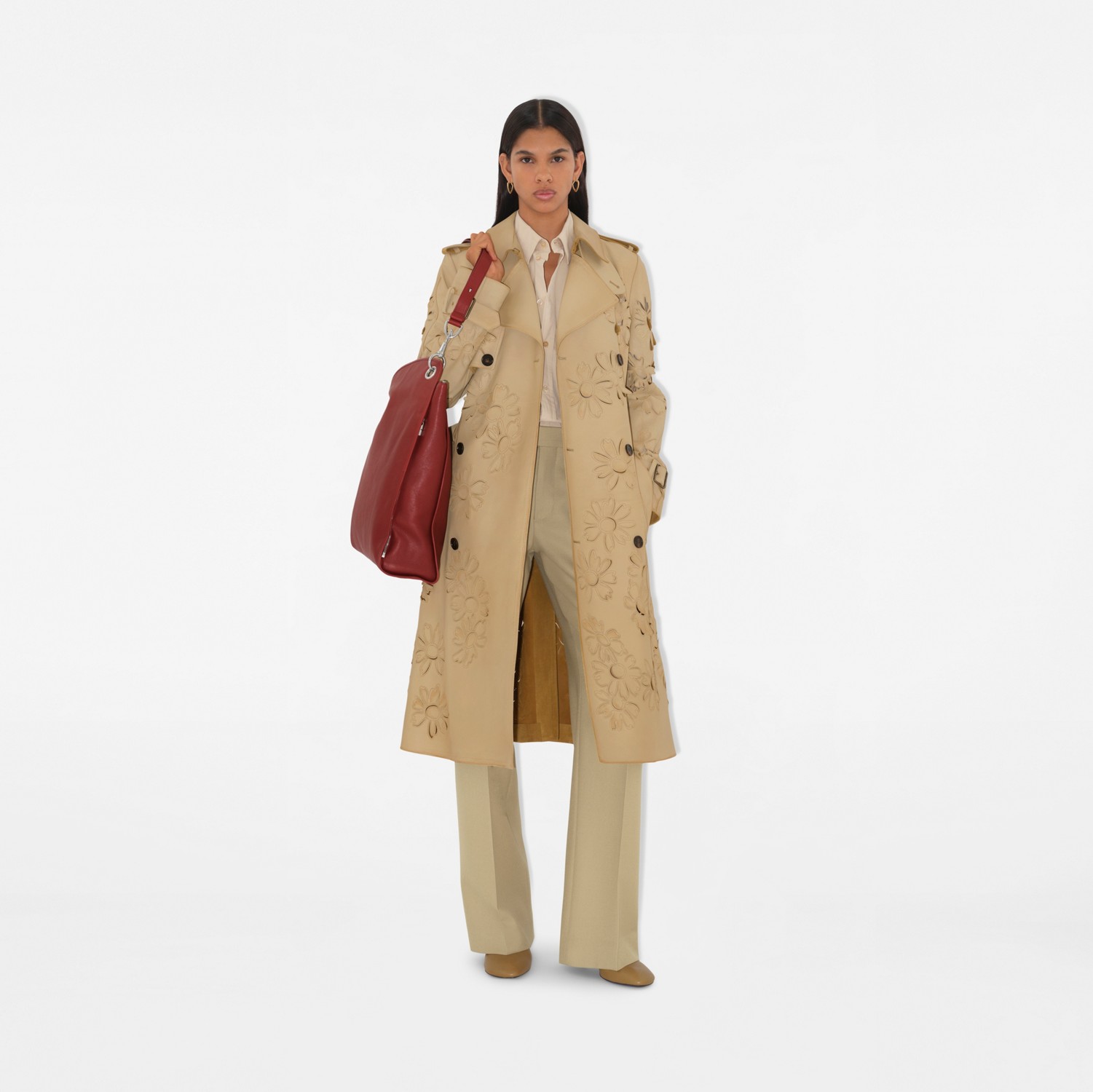 Long Cutout Daisy Suede Trench Coat in Tan - Women Long Cutout Daisy Suede Trench Coat in Tan - Women