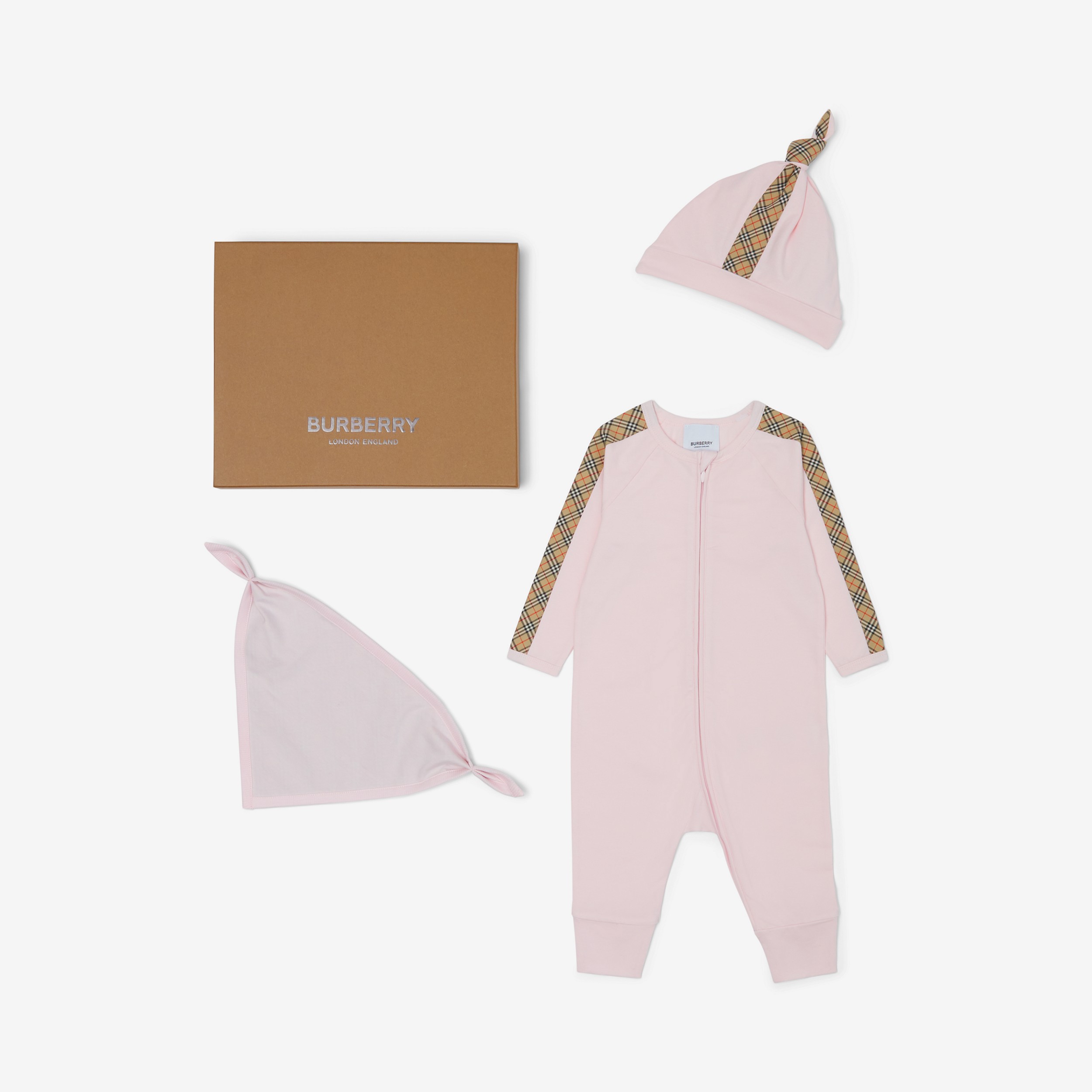 Set regalo da tre pezzi in cotone per neonato con finiture con motivo tartan (Rosa Alabastro) - Bambini | Sito ufficiale Burberry® - 1