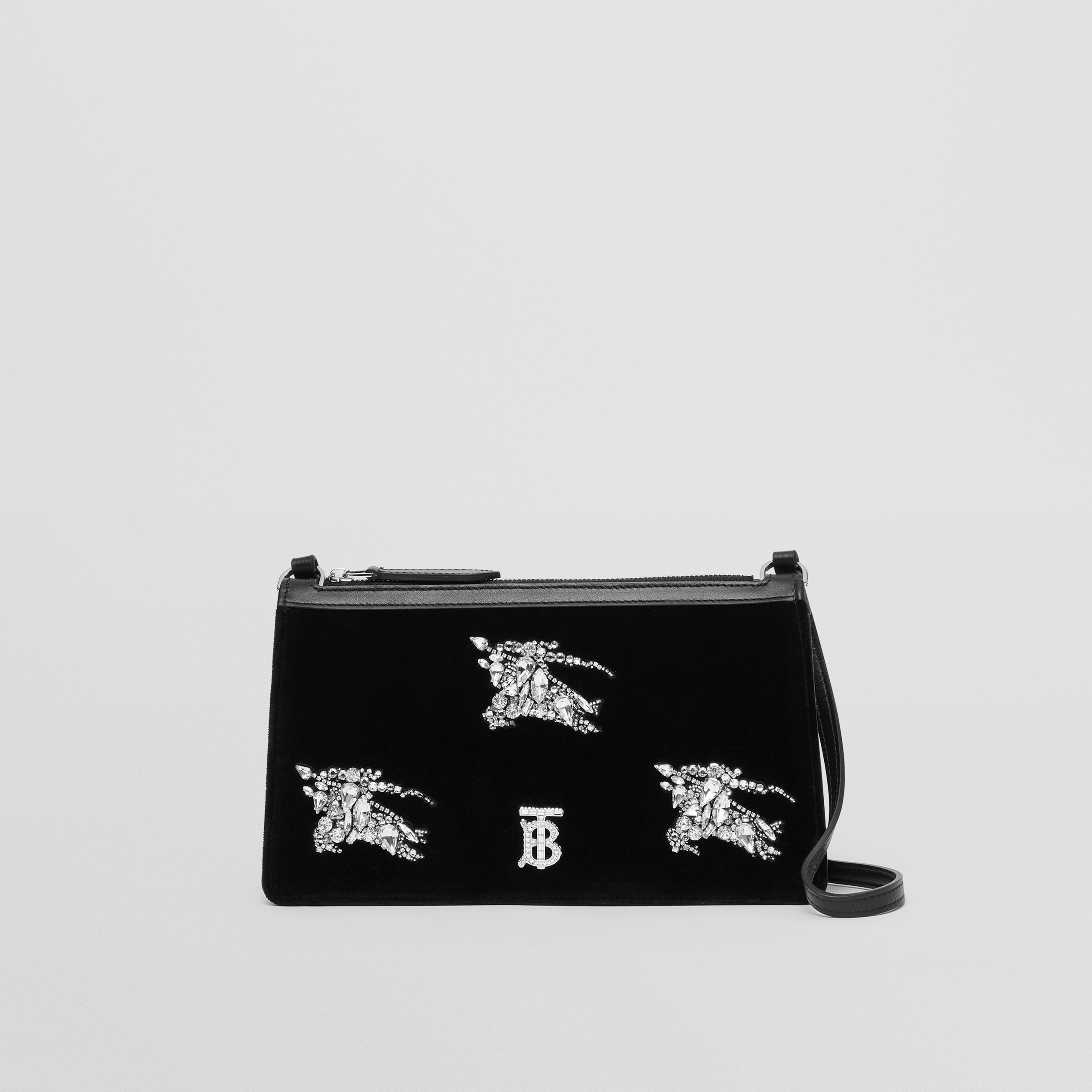 Mini pochette TB en velours avec emblème du Cavalier en cristaux (Noir) - Femme | Site officiel Burberry® - 1