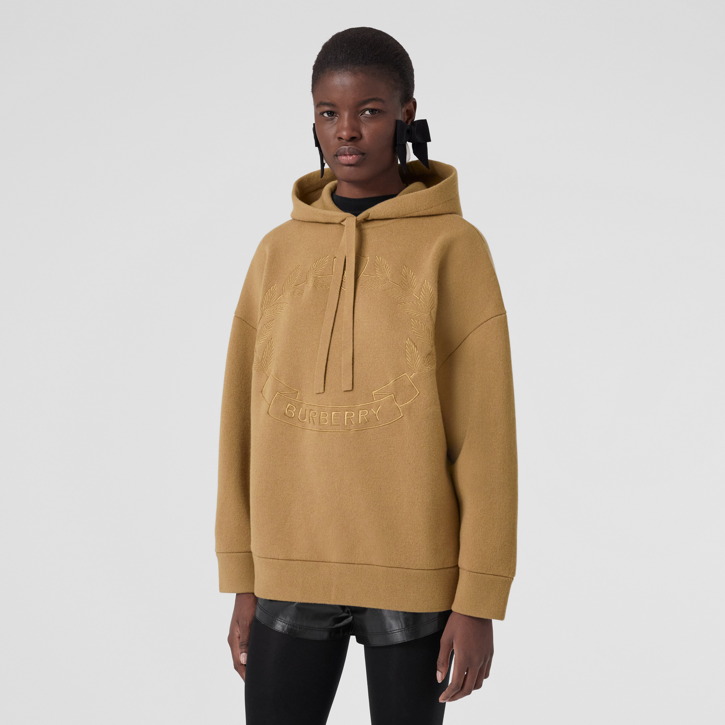 Embroidered Oak Leaf Crest Oversized Hoodie in Camel - Women | Burberry® Official - 1