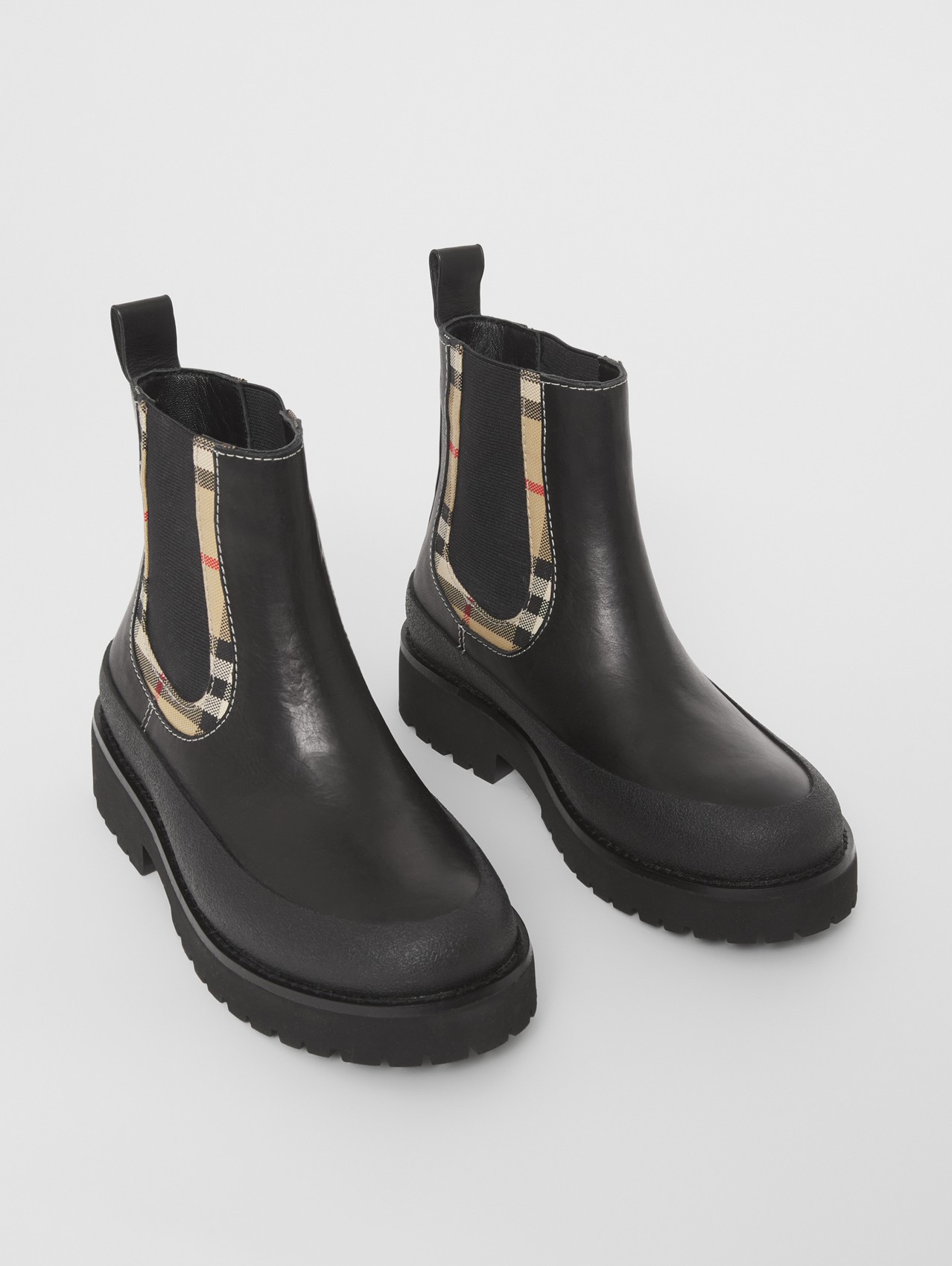 Vintage Check Detail Leather Chelsea Boots in Black
