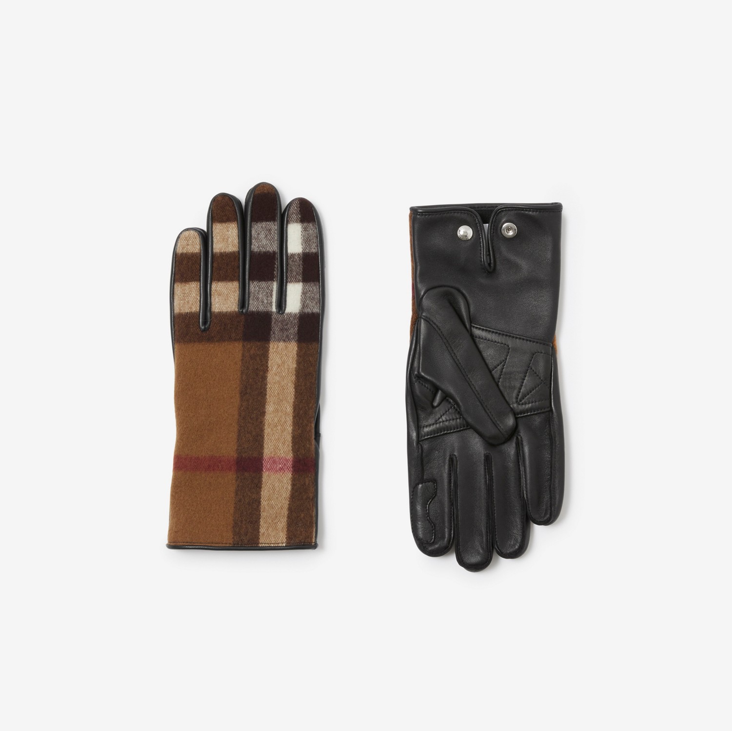 Cashmere-lined Exaggerated Check Wool and Leather Gloves in Birch Brown - Men | Burberry® Official