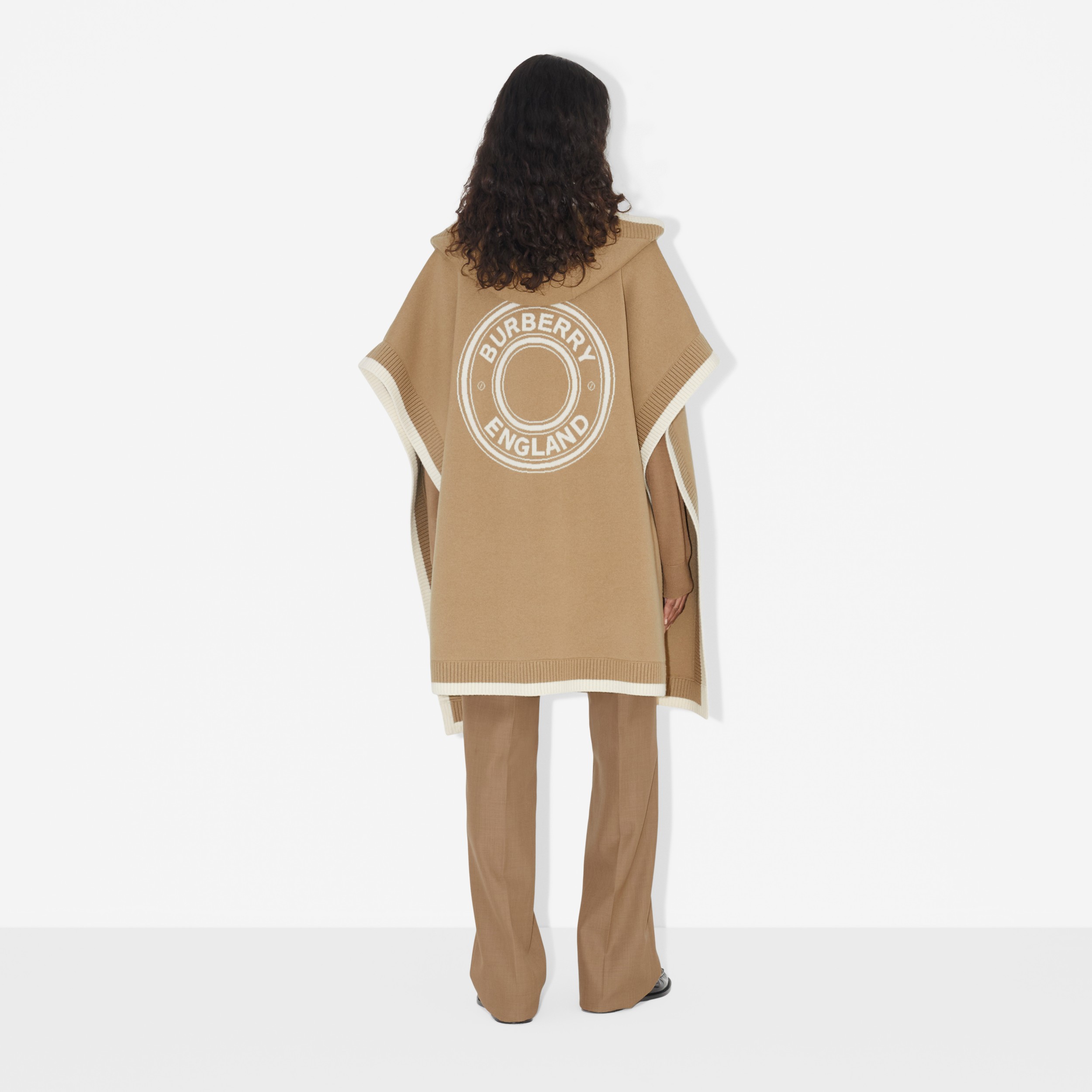 Logo Graphic Wool Cashmere Jacquard Hooded Cape in Archive Beige ...