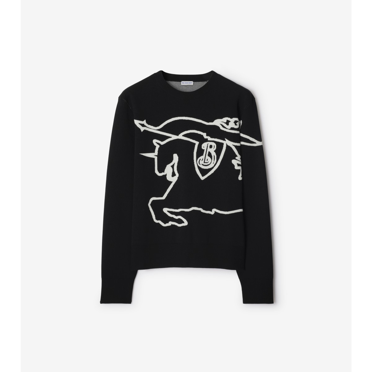 Burberry Black Crewneck Sweater With Maxi Ekd Logo On The Front In Cotton Blend In Black/chalk