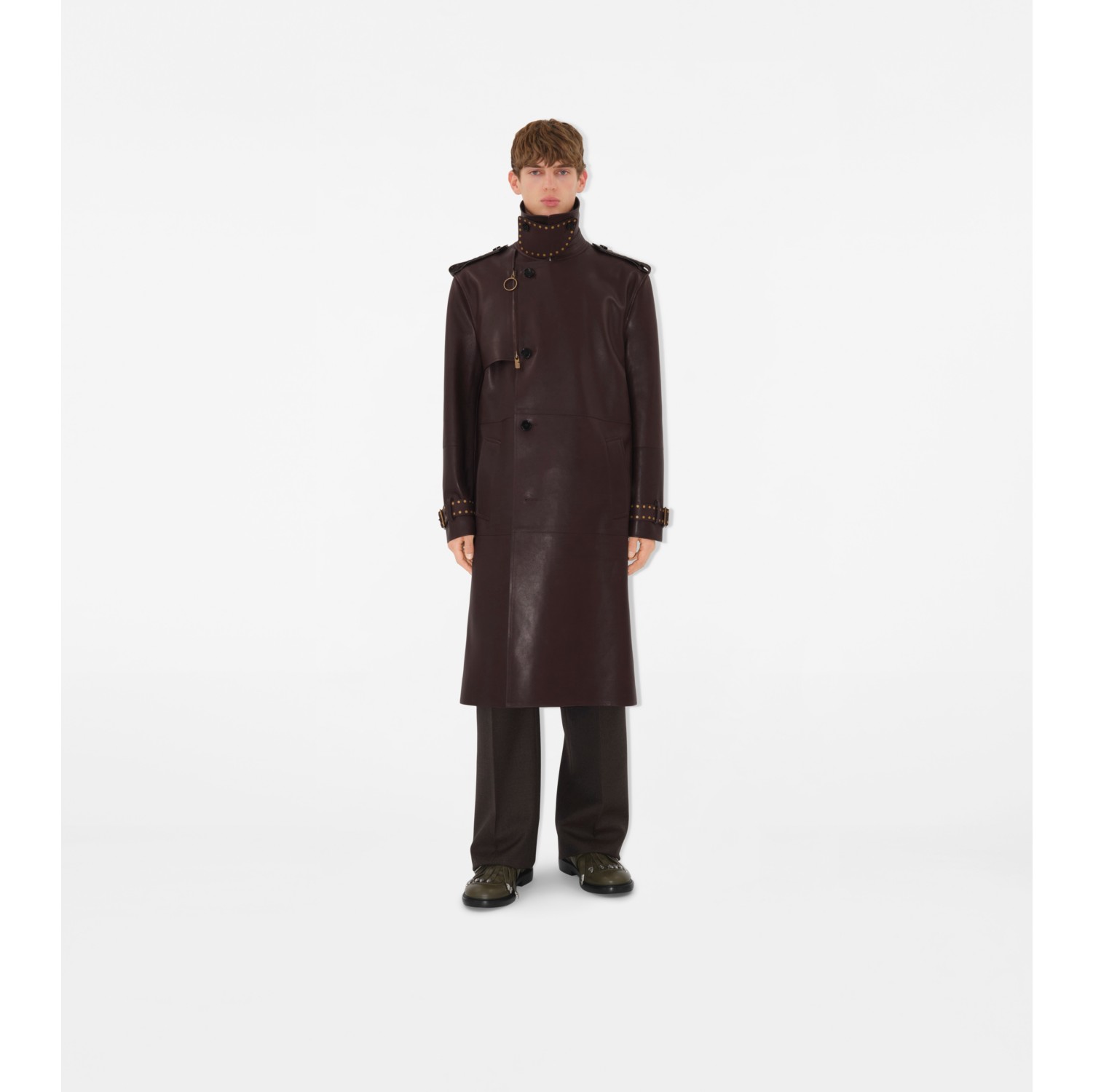 Long Leather Trench Coat in Berry Men Burberry Official