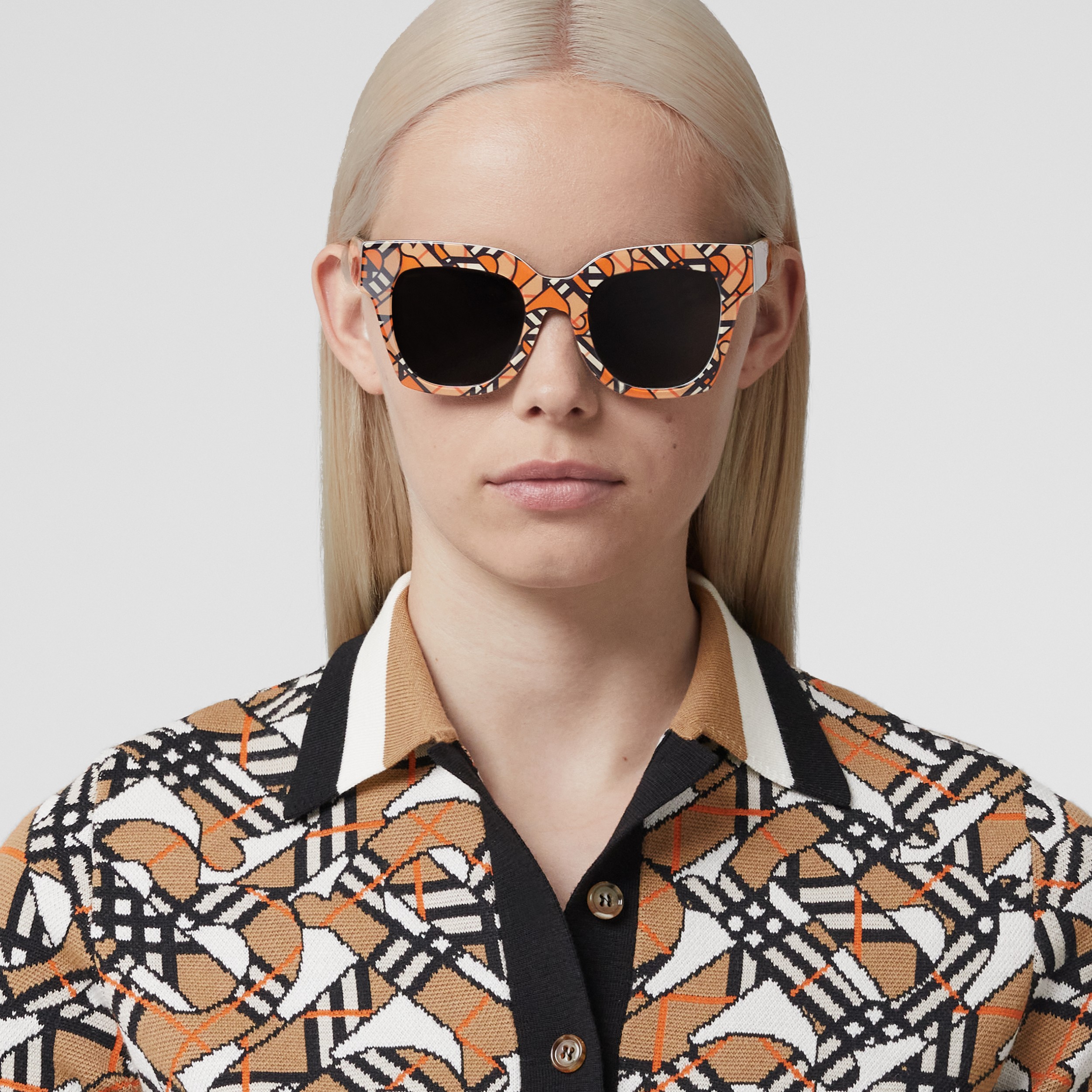 Monogram Print Square Frame Sunglasses in Orange/black - Women | Burberry® Official - 3