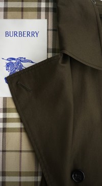 Burberry Trench Coat highlighting the Equestrian Knight Label in Blue