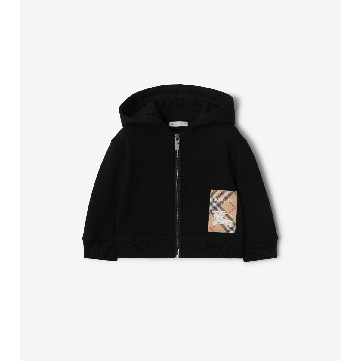 Burberry Check Label Cotton Zip Hoodie In Black