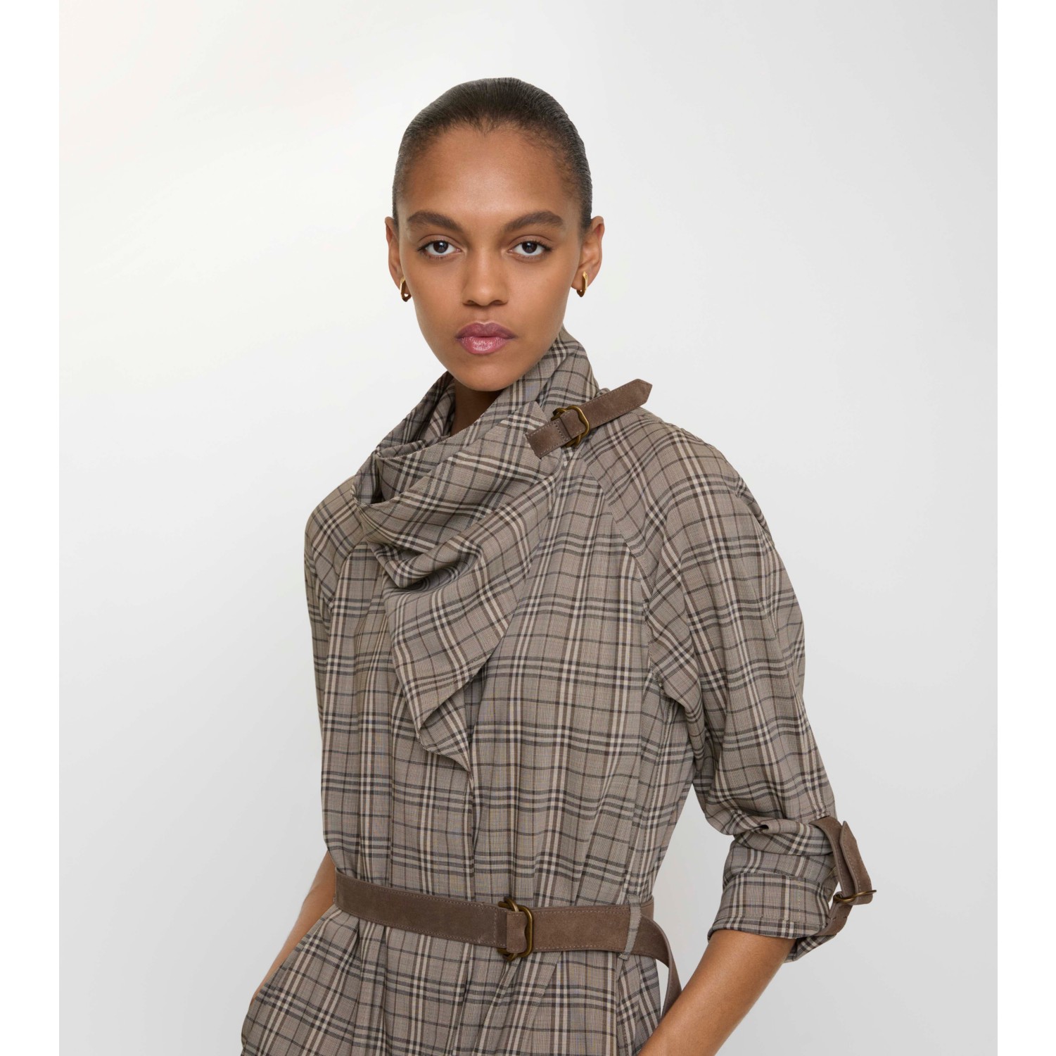 Scarf Collar Check Wool Dress
