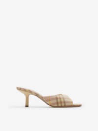 Check Linen Blend Mews Low Mules​ in colour Teacup