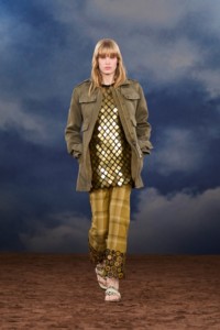Burberry SS26 Show model Jacqui Hooper wearing a Mirror tile embroidered dress and Studded leather Baez sandals