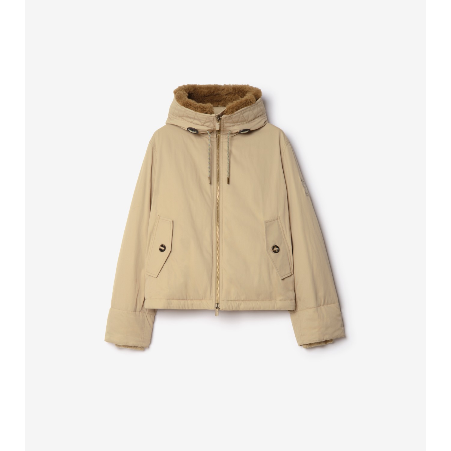 Shearling Trim Gabardine Hooded Jacket