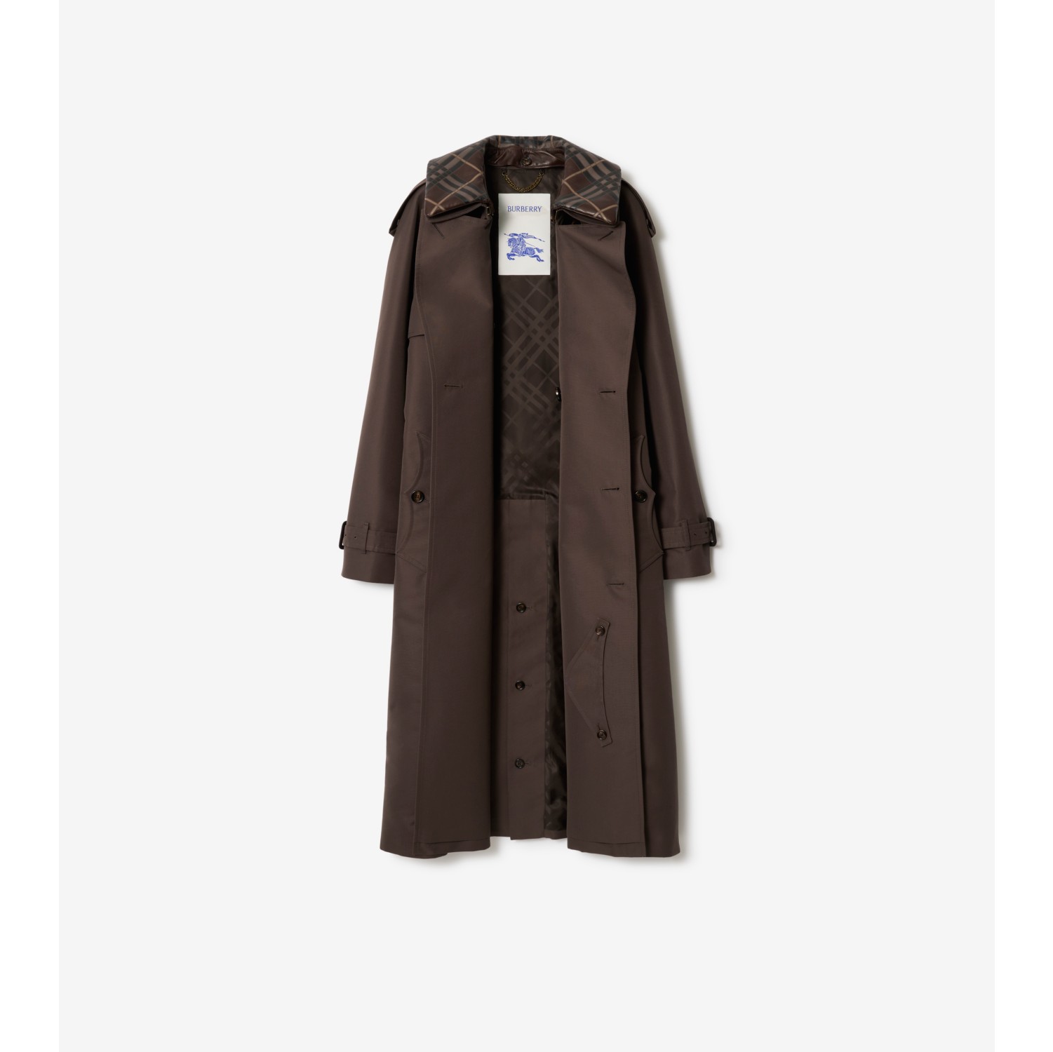Long Check Collar Silk Cotton Trench Coat