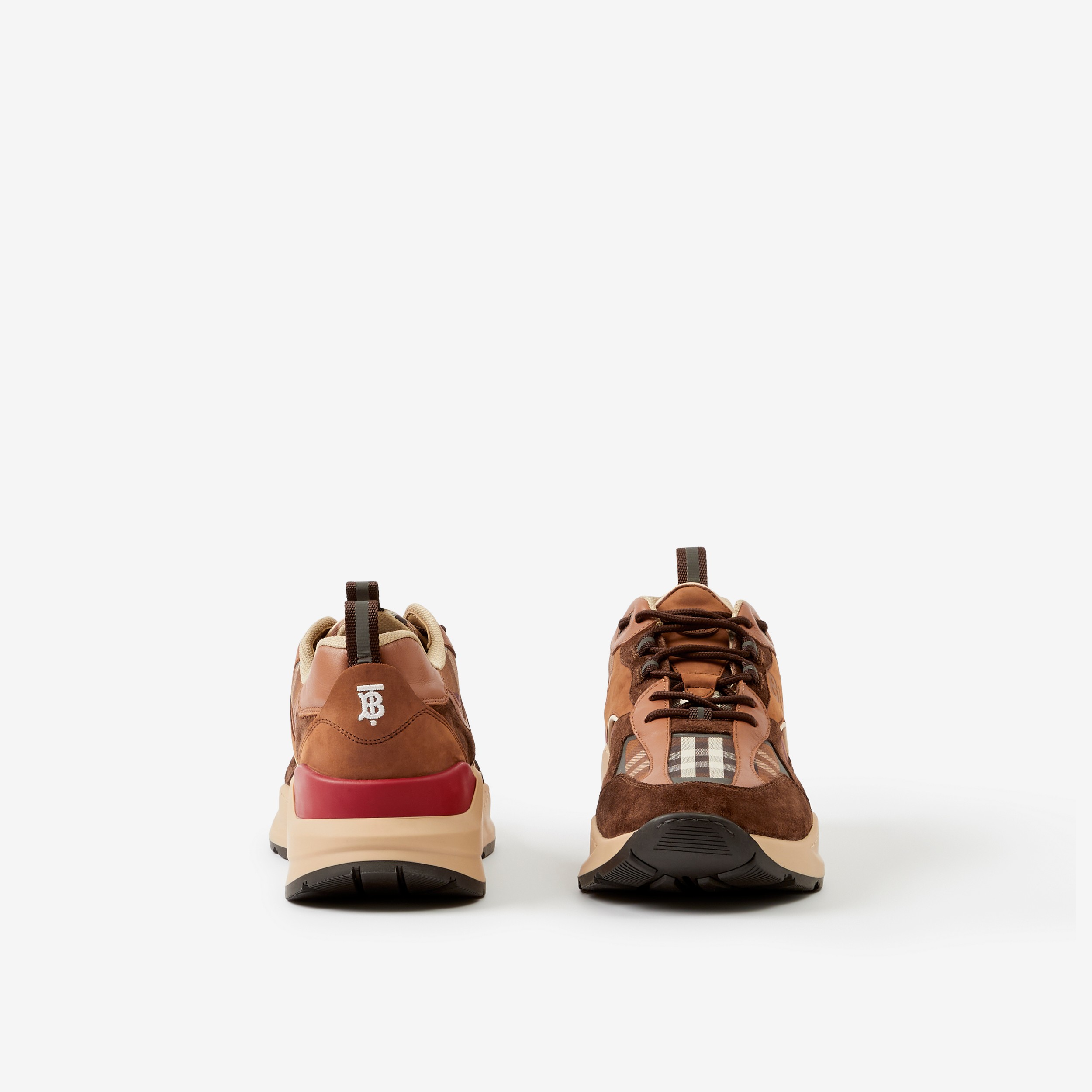 Logo Print Check and Suede Sneakers in Dark Birch Brown - Men | Burberry® Official - 4
