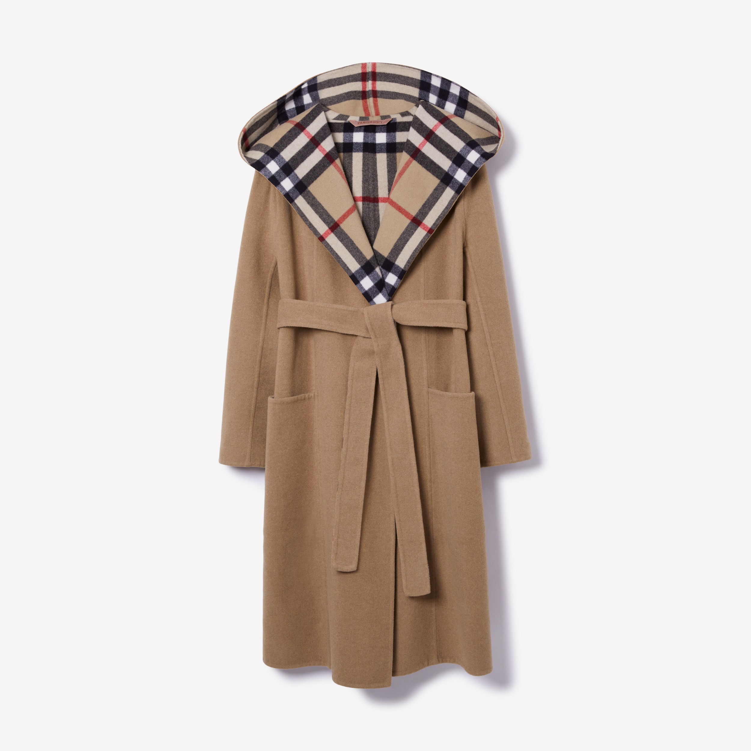 Abrigo cruzado en lana con interior a cuadros y capucha (Beige Vintage) - Mujer | Burberry® oficial - 1