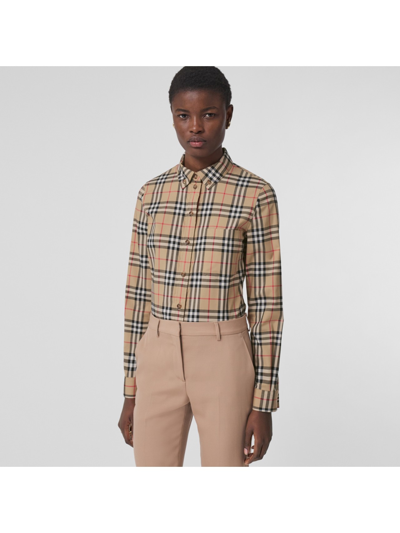 Button-down Collar Vintage Check Stretch Cotton Shirt in Archive Beige - | Burberry® Official
