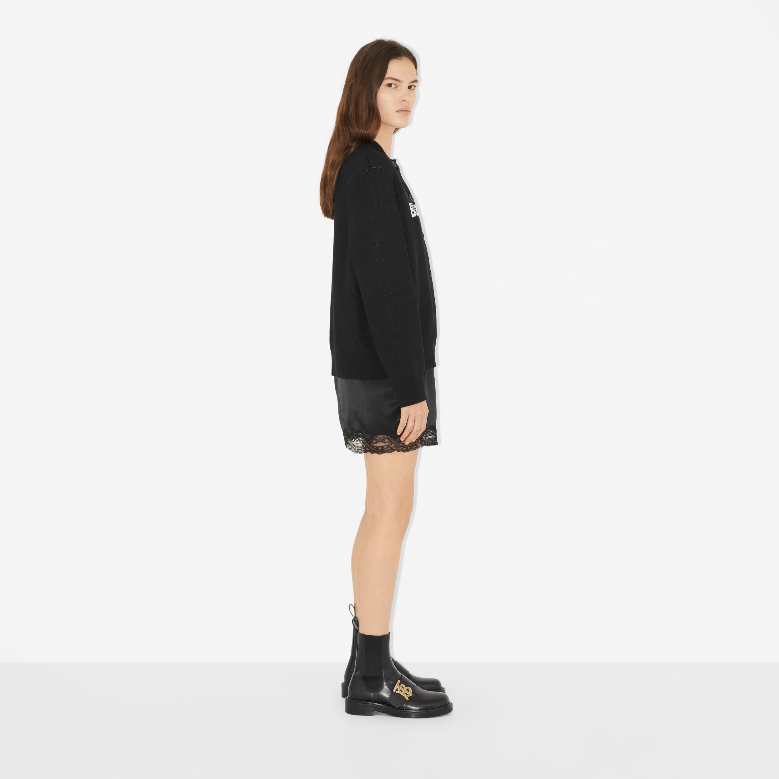 Logo Wool Cotton Jacquard Oversized Cardigan in Black - Women | Burberry® Official - 3