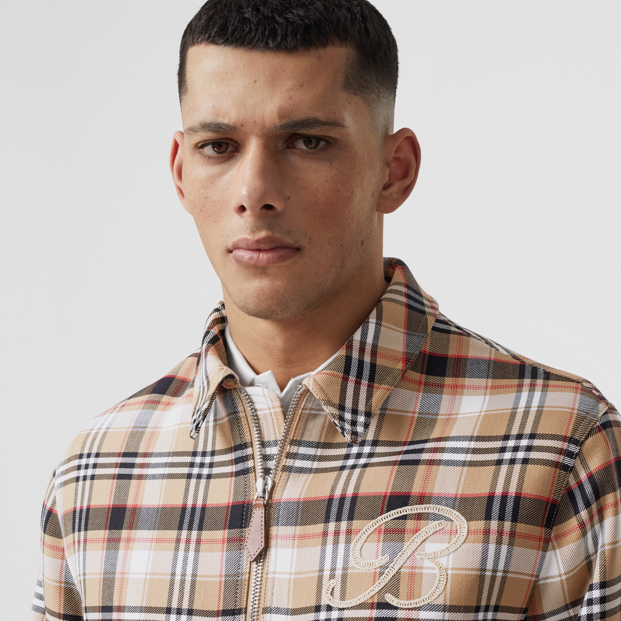 Embroidered B Motif Check Harrington Jacket in Archive Beige Men