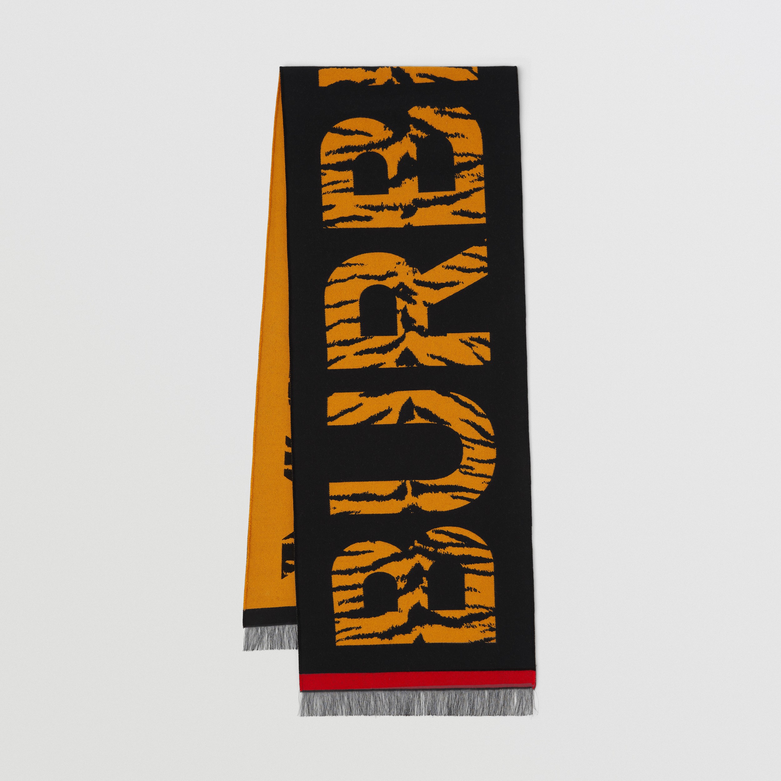 Tiger Striped Logo Wool Silk Jacquard Scarf in Black/orange | Burberry® Official - 1