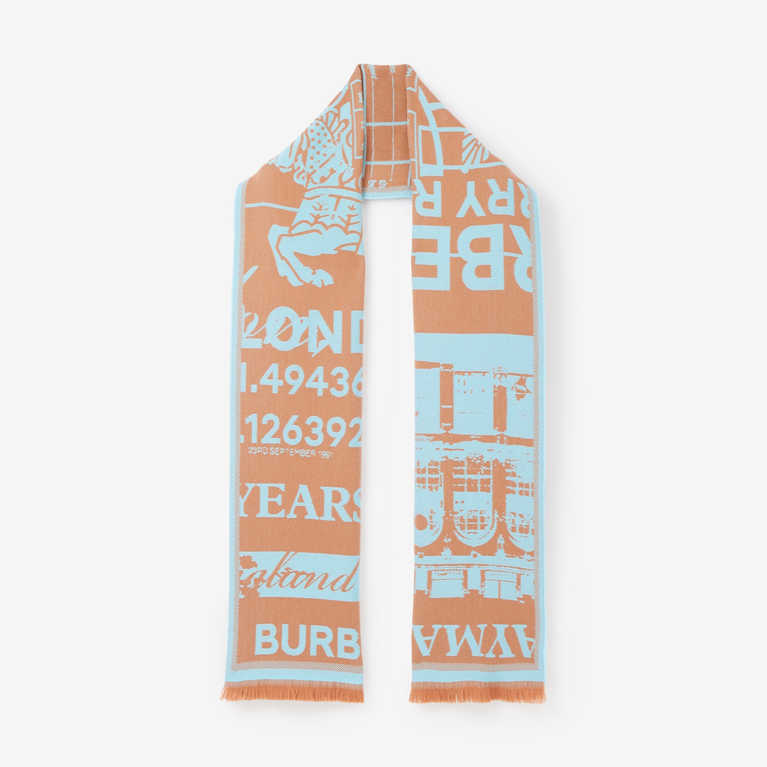 Bufanda en lana con collage en jacquard (Cámel/azul Dedalera) | Burberry® oficial - 1