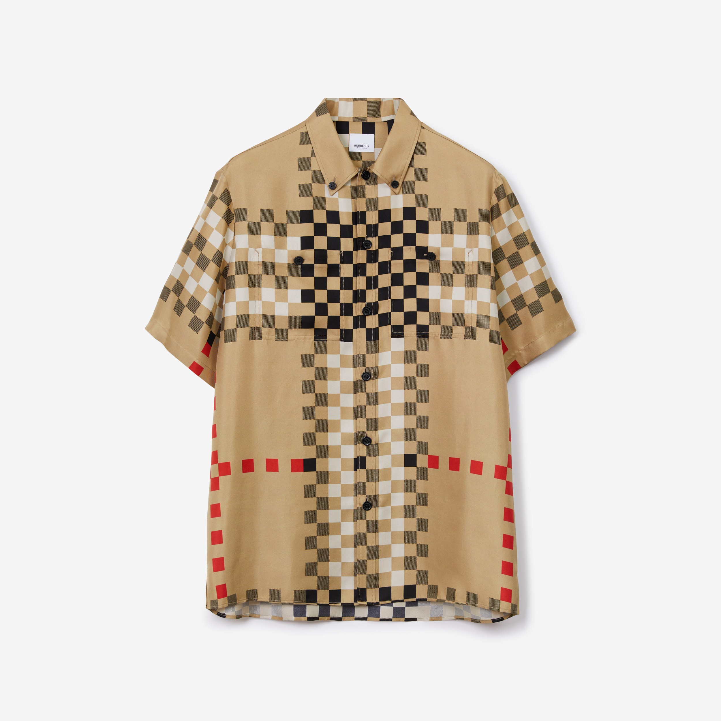 Camisa de seda com xadrez pixelado e mangas curtas (Bege Clássico) - Homens | Burberry® oficial - 1