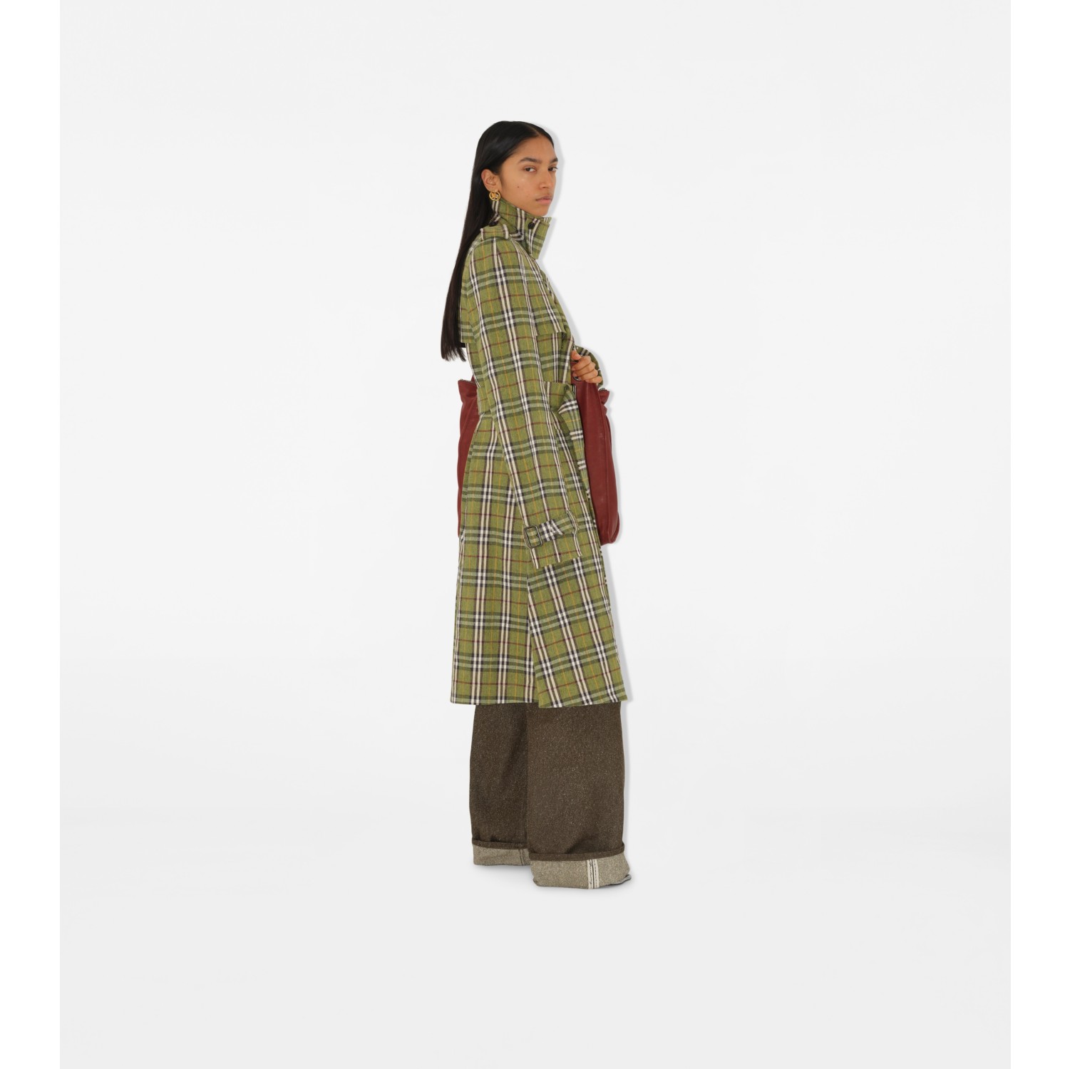 Long Check Stretch Linen Trench Coat