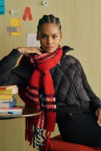 Shot of Model Burberry Check Scarf in colour Red crayon