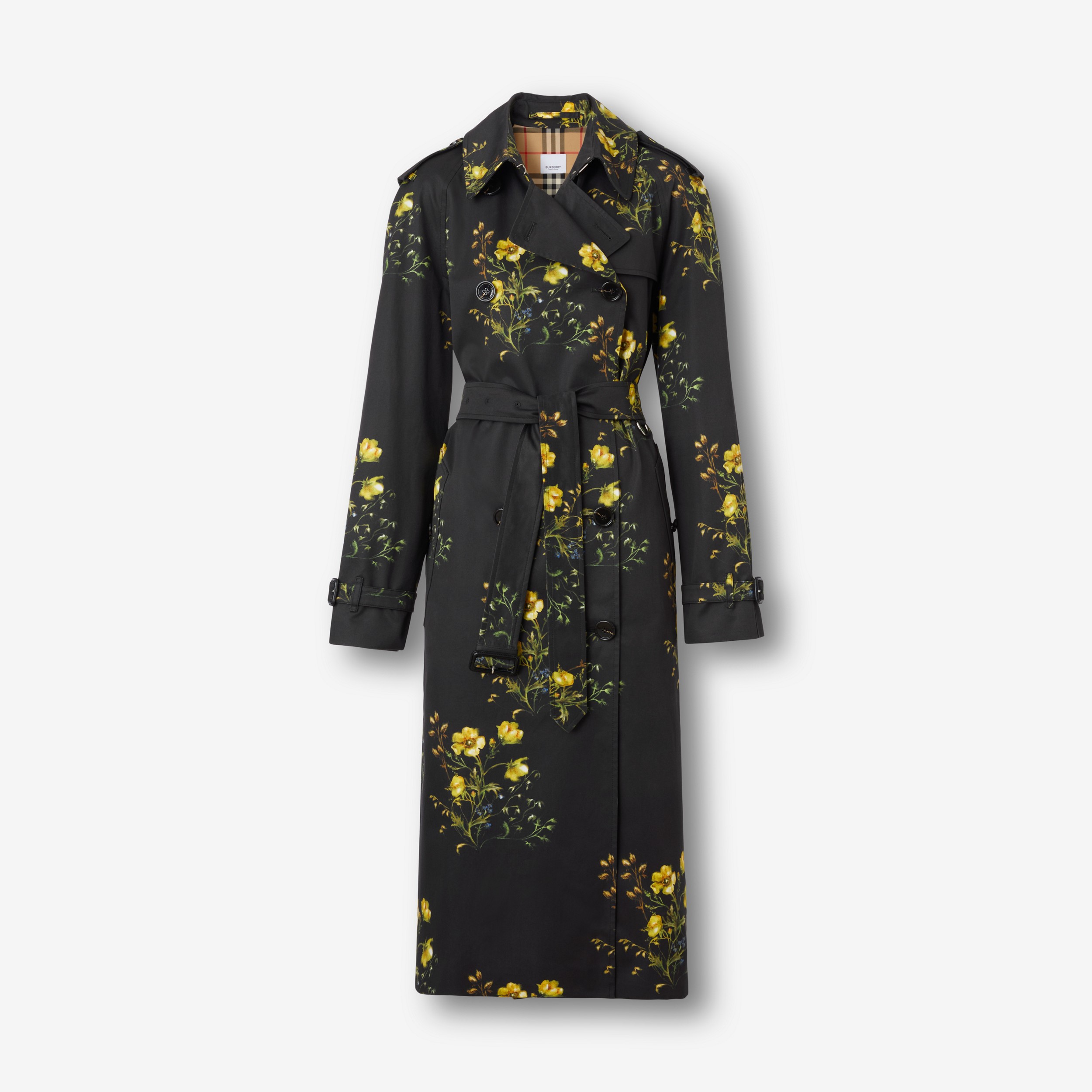 Floral Print Cotton Long Waterloo Trench Coat in Black - Women | Burberry® Official - 1