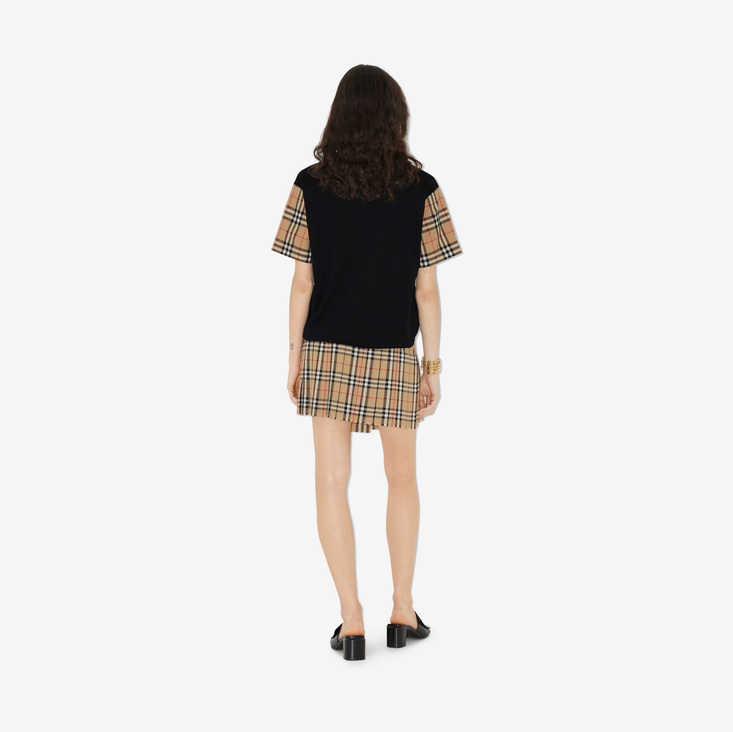 Baumwoll-T-Shirt mit Check-Ärmeln (Schwarz) - Damen | Burberry®