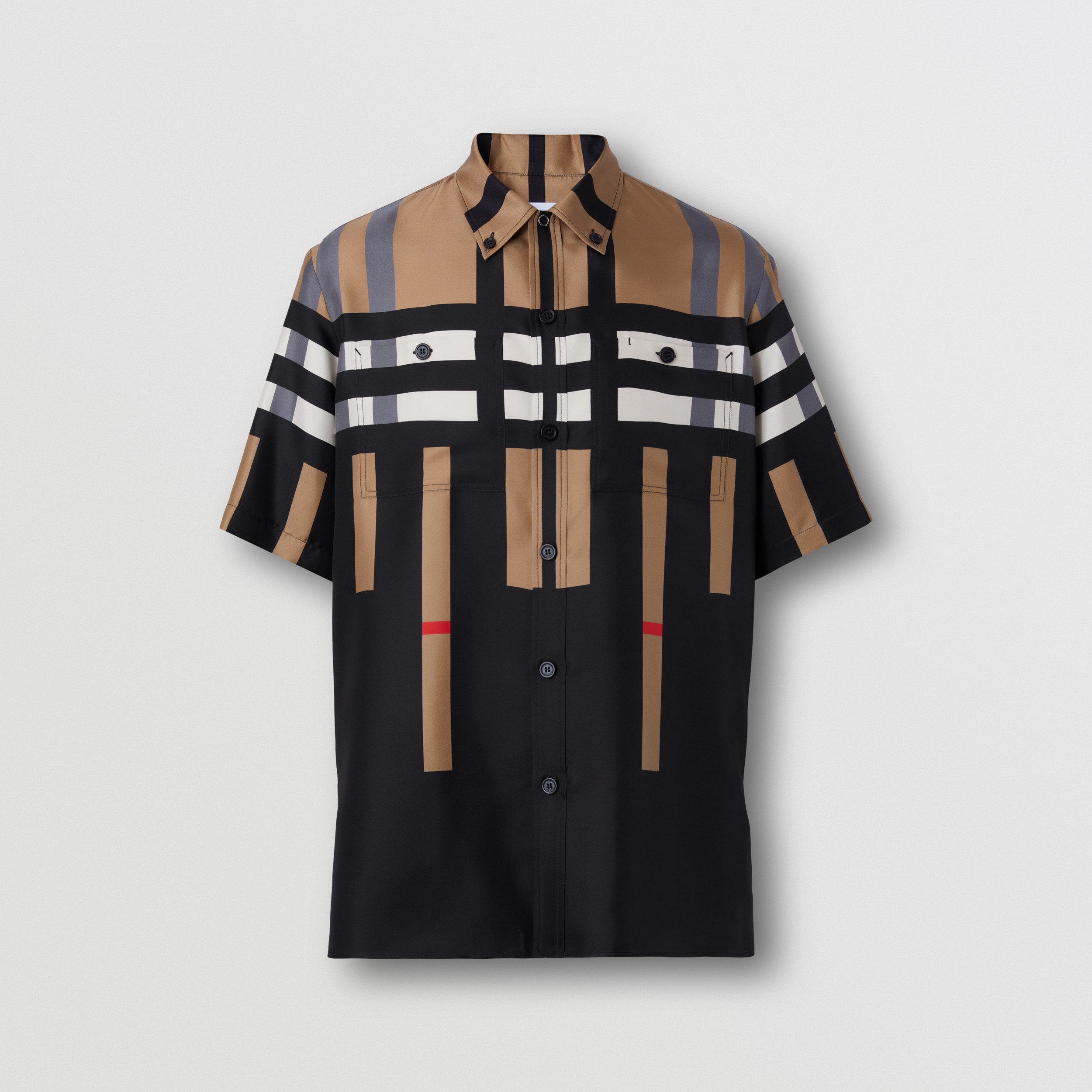 Short-sleeve Sliced Check Print Silk Shirt in Black - Men | Burberry® Official - 4