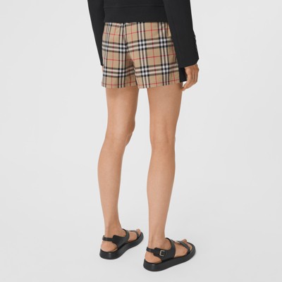 Side Stripe Vintage Check Stretch Cotton Shorts in Archive Beige 