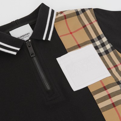 ヴィンテージチェックパネル コットン ジップフロントポロシャツ (ブラック) - チルドレンズ | Burberry®公式サイト
