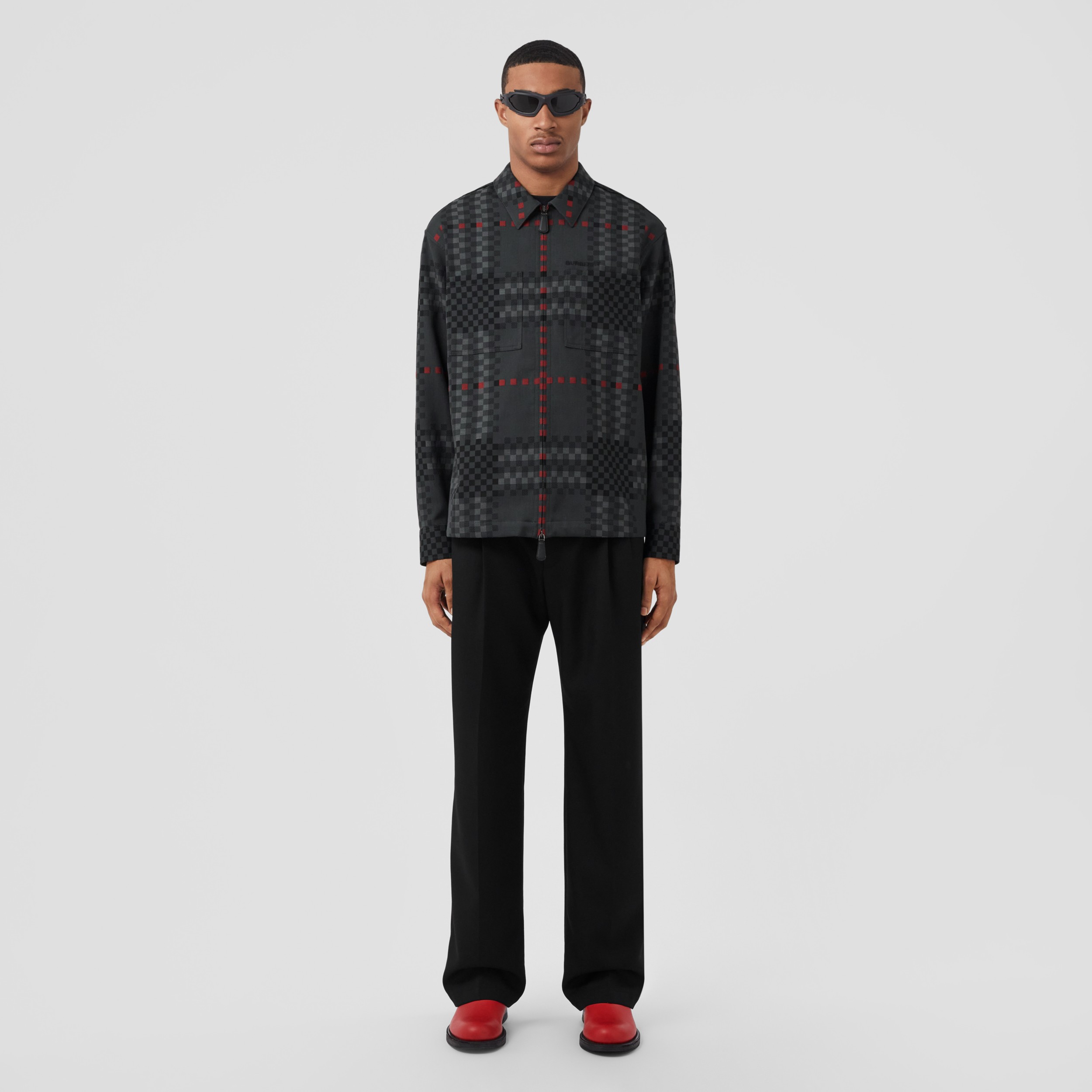 Pixel Check Wool Cotton Blend Zipfront Shirt in Dark Thunder Grey