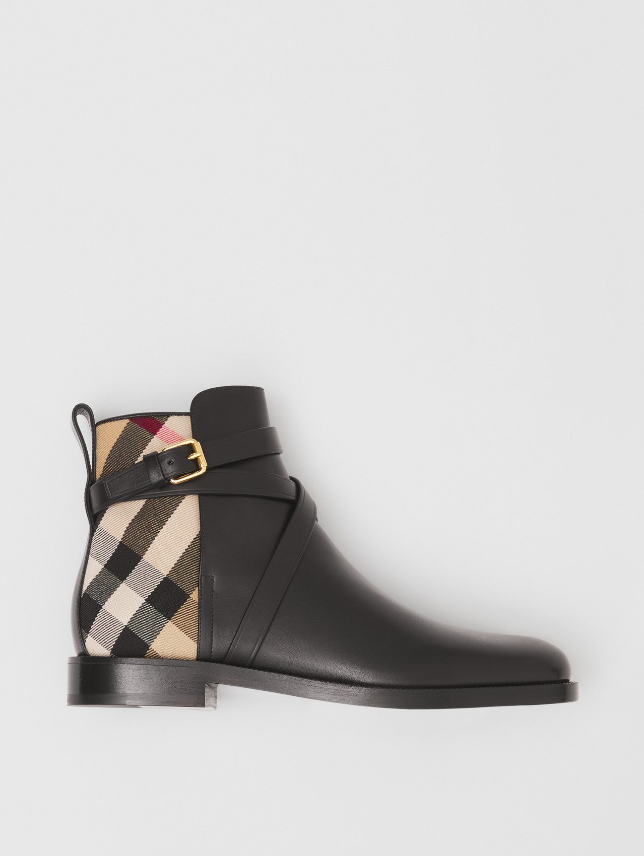House Check and Leather Ankle Boots in Black/archive Beige