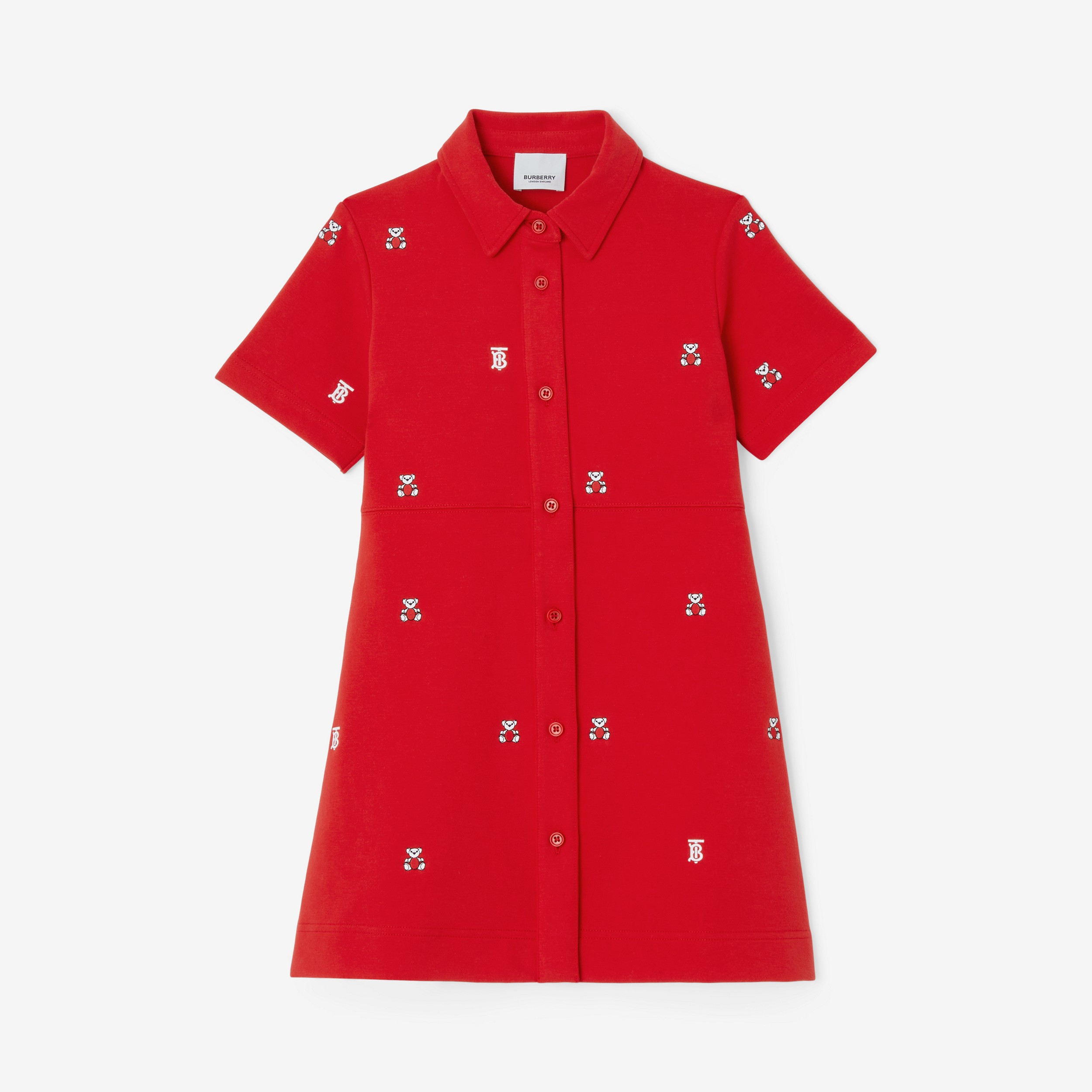 Embroidered Thomas Bear Cotton Blend Shirt Dress in Bright Red | Burberry® Official - 1